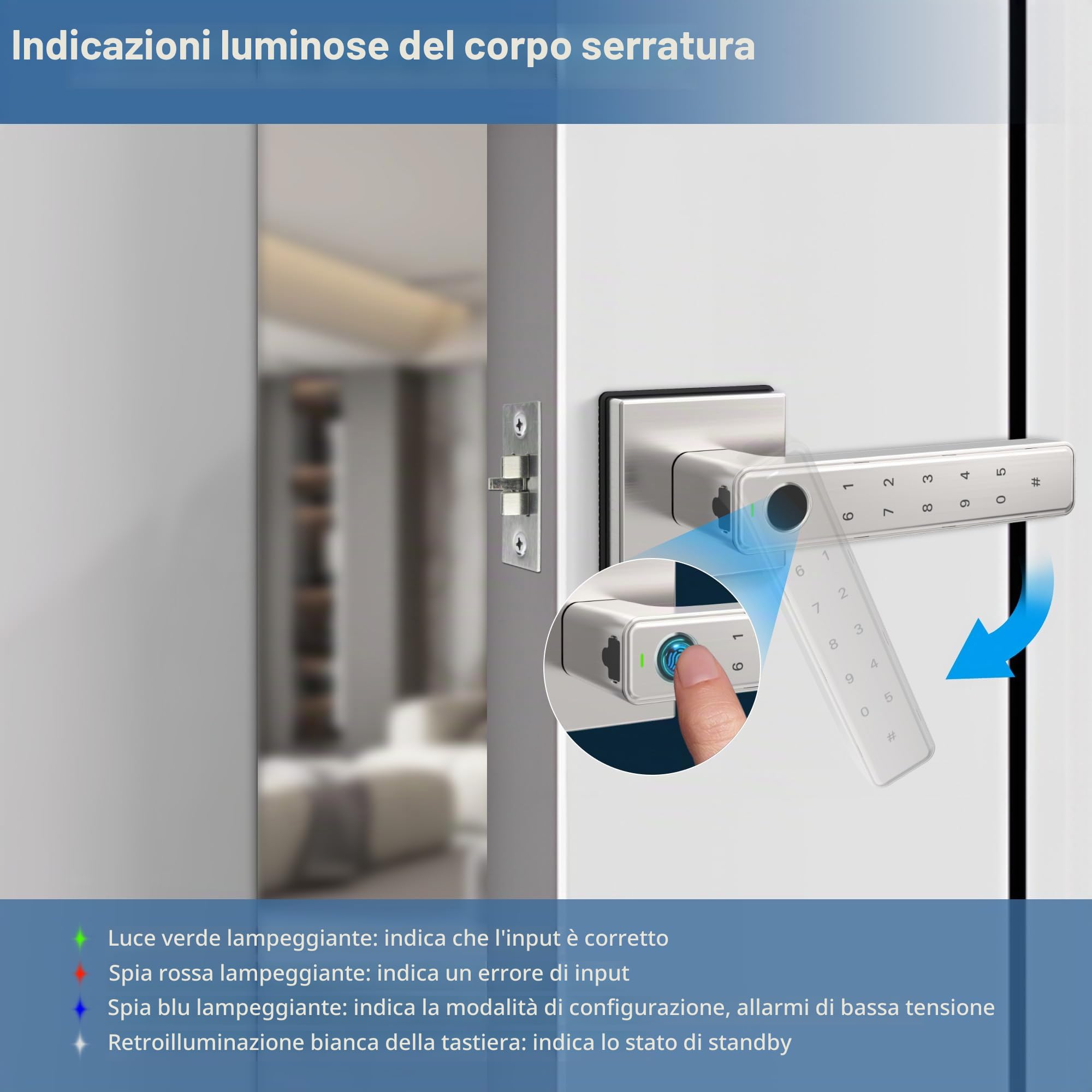 Serratura per porta con impronte digitali, serrature biometriche con maniglia e chiave meccanica*2, ingresso senza chiavi con touch digitale per casa, camera da letto, hotel, ufficio, argento