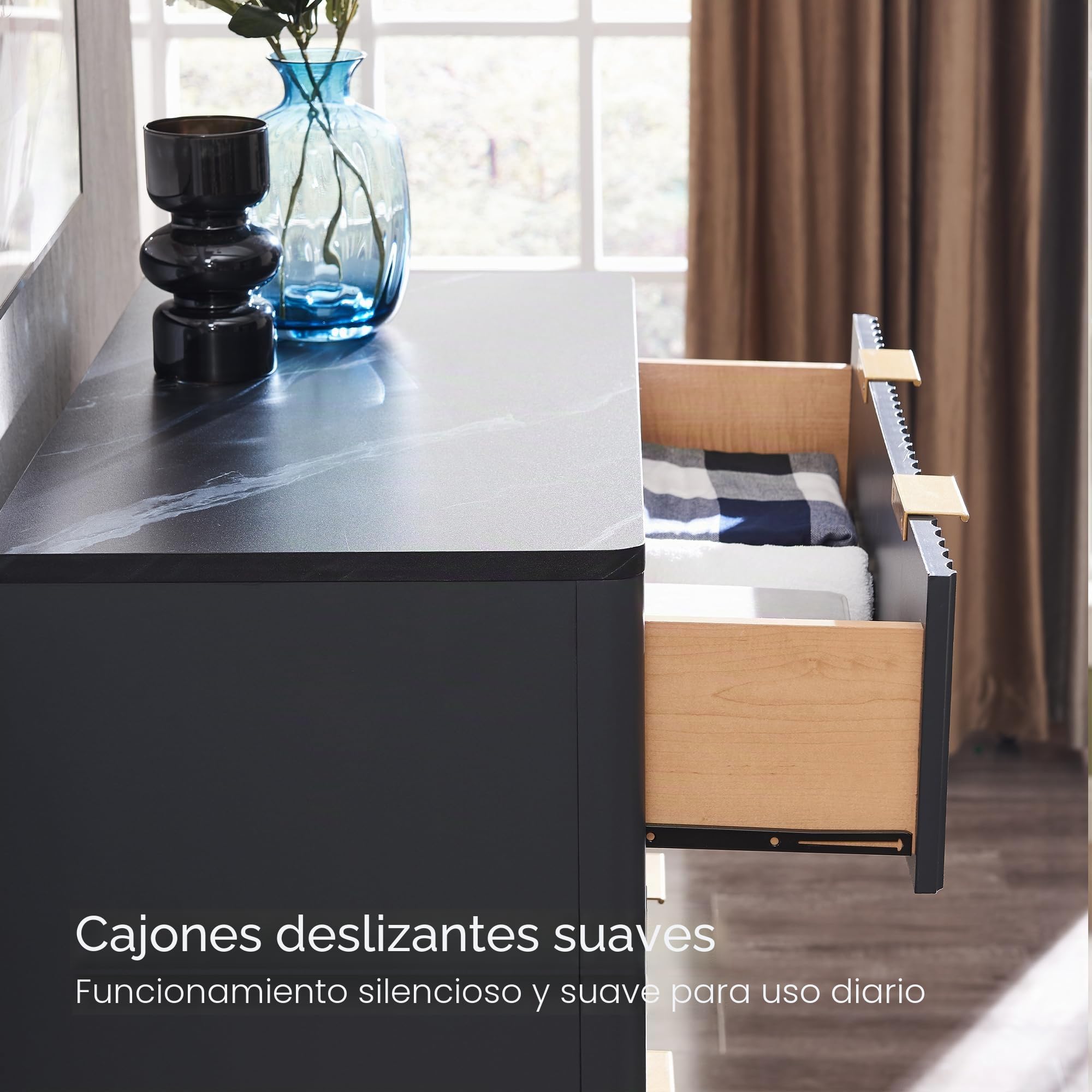 Cajonera de 5 cajones, 122 cm de altura, diseño moderno con surcos, diseño abovedado, con tablero de melamina efecto mármol, aparador para dormitorio y sala de estar, color gris oscuro