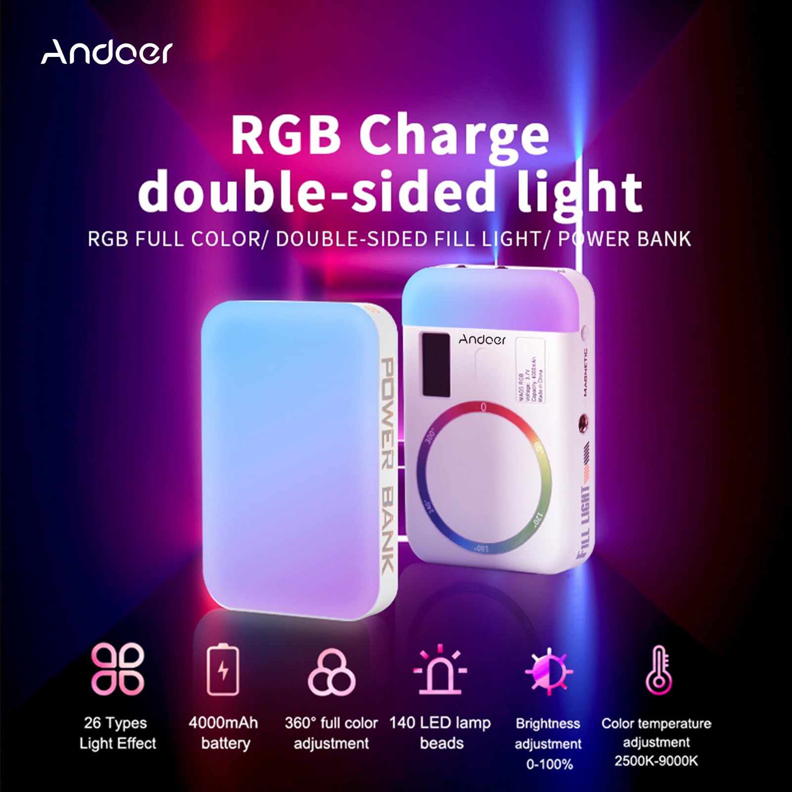 Andoer MAG5RGB, luce video a LED, 2500 K - 9000 K, dimmerabile, per telefoni con fotocamera, 26 effetti scenari, ricarica wireless magnetica del telefono cellulare con adattatore per flash