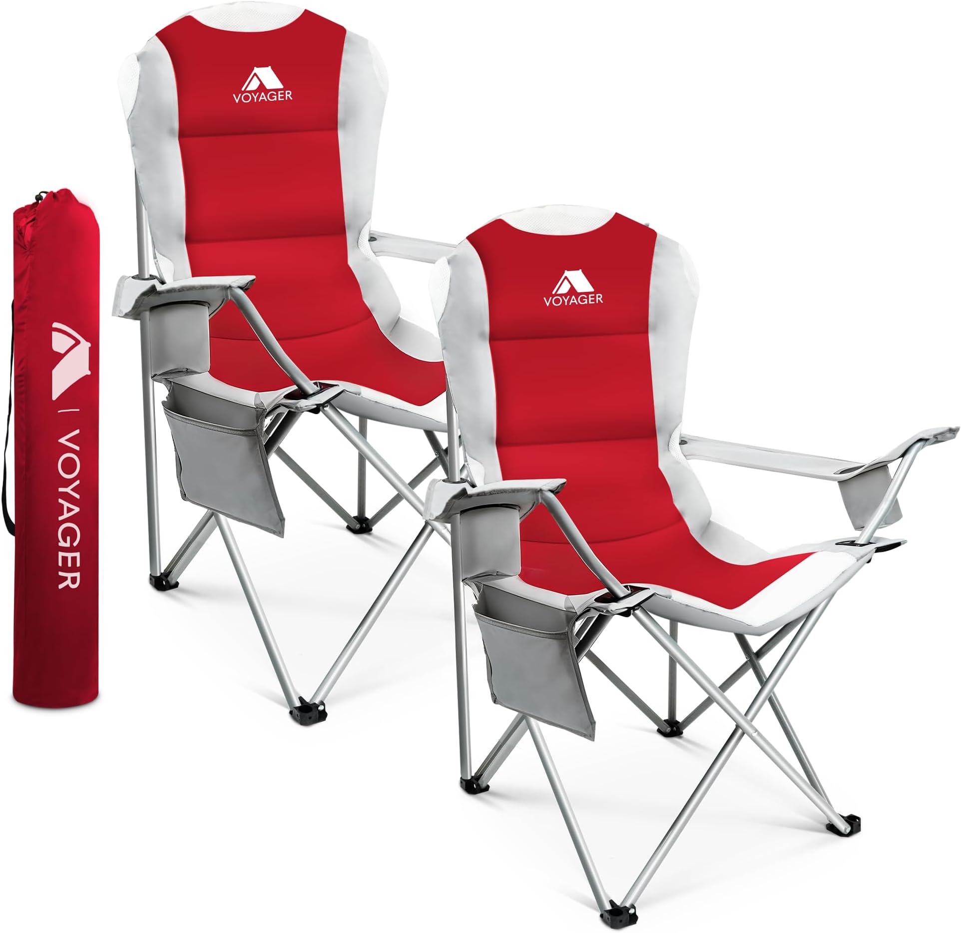 – VOYAGER 2 Pack Outdoor Camping Chair Set,120kg Capacity, 3.3kg Per Chair, Waterproof Folding Chairs with Cup Holder & Side Pockets, Portable Chairs for Garden, Fishing, Picnic Camping & Travel Comfort