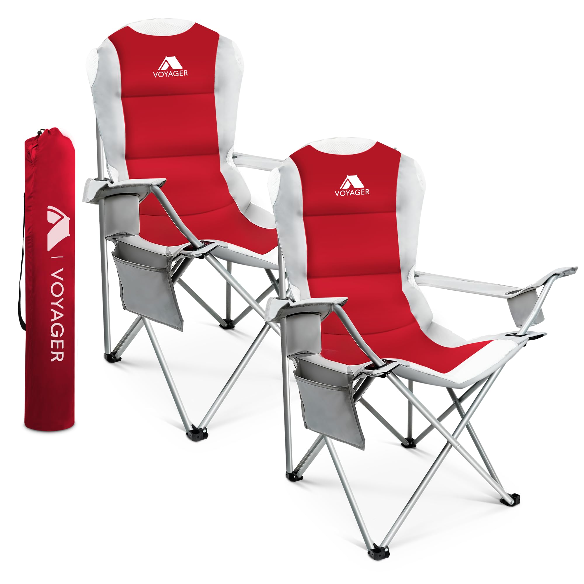 VOYAGER 2 Pack Outdoor Camping Chair Set,120kg Capacity, 3.3kg Per Chair, Waterproof Folding Chairs with Cup Holder & Side Pockets, Portable Chairs for Garden, Fishing, Picnic Camping & Travel Comfort