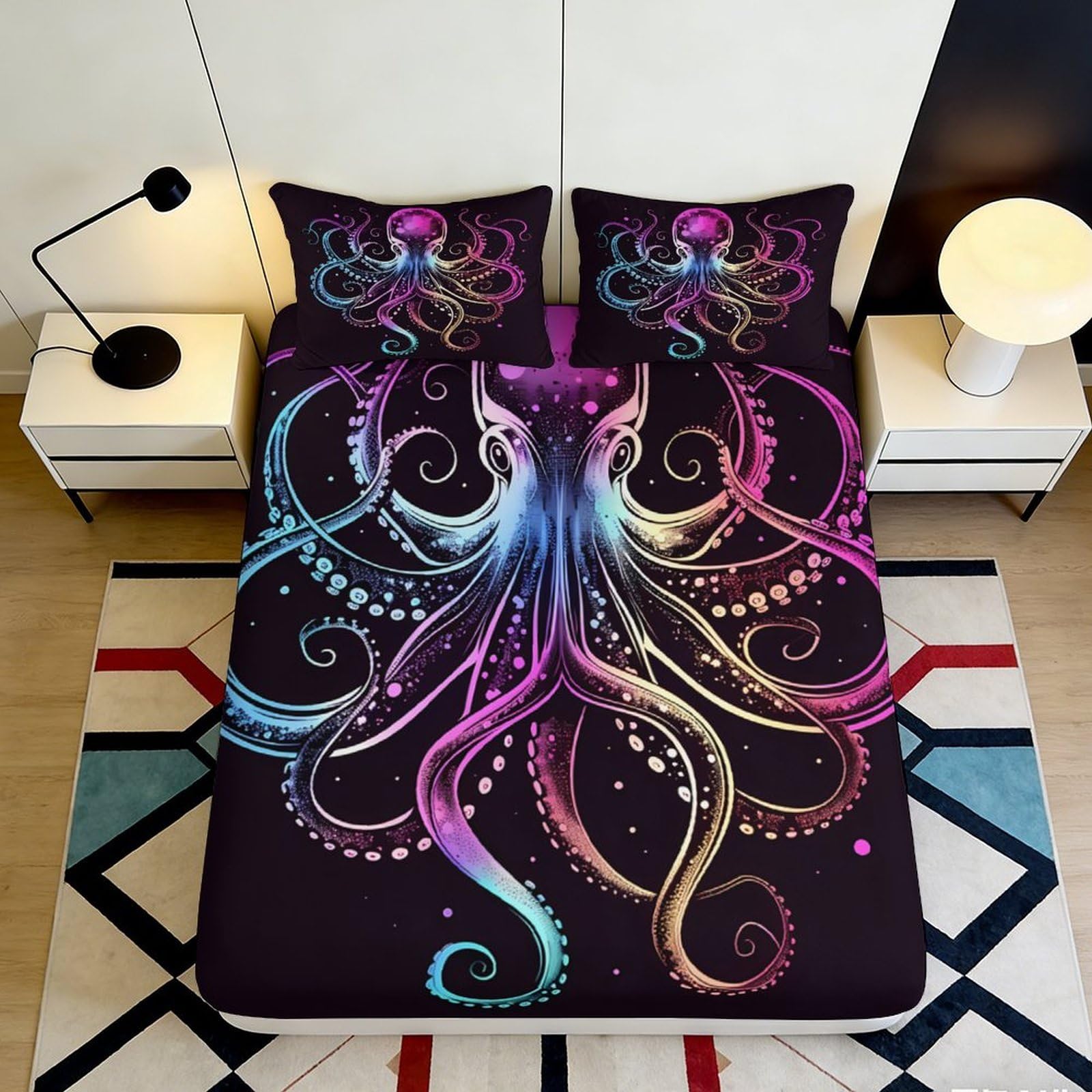 Pnayamiorkfel Style-3 3D Printed Vibrant Octopus Fitted Sheet Microfiber Colourful Sea Creature Mattress Cover For Bedroom Guest Room Decor 90X200x25cm