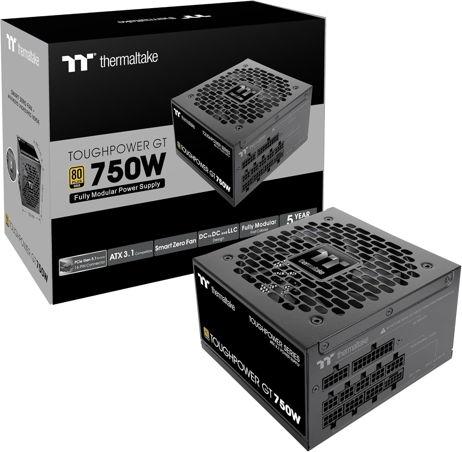 Thermaltake Toughpower GT 750W ATX 3.1 Standard Power Supply; 80 Plus Gold Efficiency; Smart Zero Fan; Native 300W PCIe 5.1 Connector; PS-TPT-0750FNFAGU-3; 5 Year Warranty