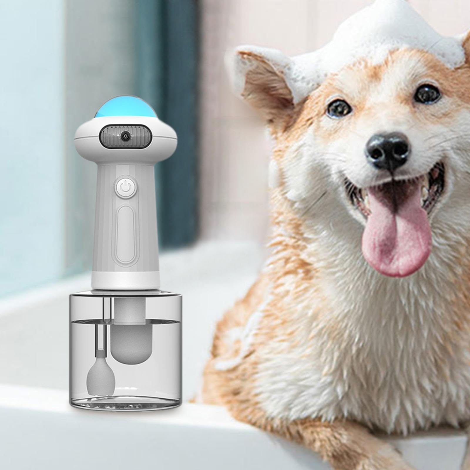 Dispenser di Sapone in Schiuma per Animali Domestici, Ideale per, con Flacone Miscelatore per Schiuma, Igienico, Facile da Usare, Resiste, UFO Blu
