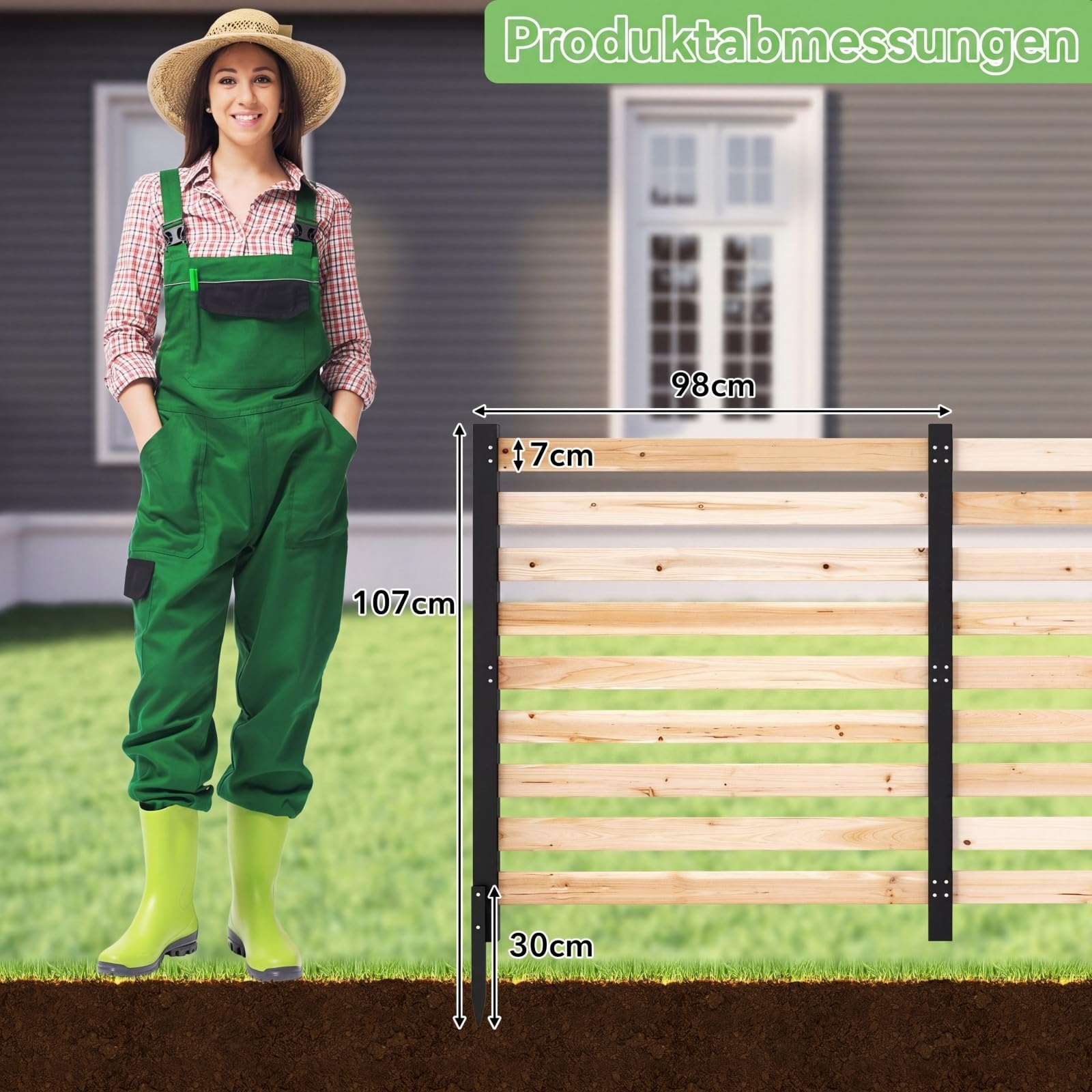 COSTWAY Gartenzaun 3-teilig, Zaun mit 4 Pfählen, 98 x 107 cm, Sichtschutzzaun aus Holz, Steckzaun Lamellenzaun, Tannenholz, freistehender Sichtschutz für Garten Terrasse, Natur