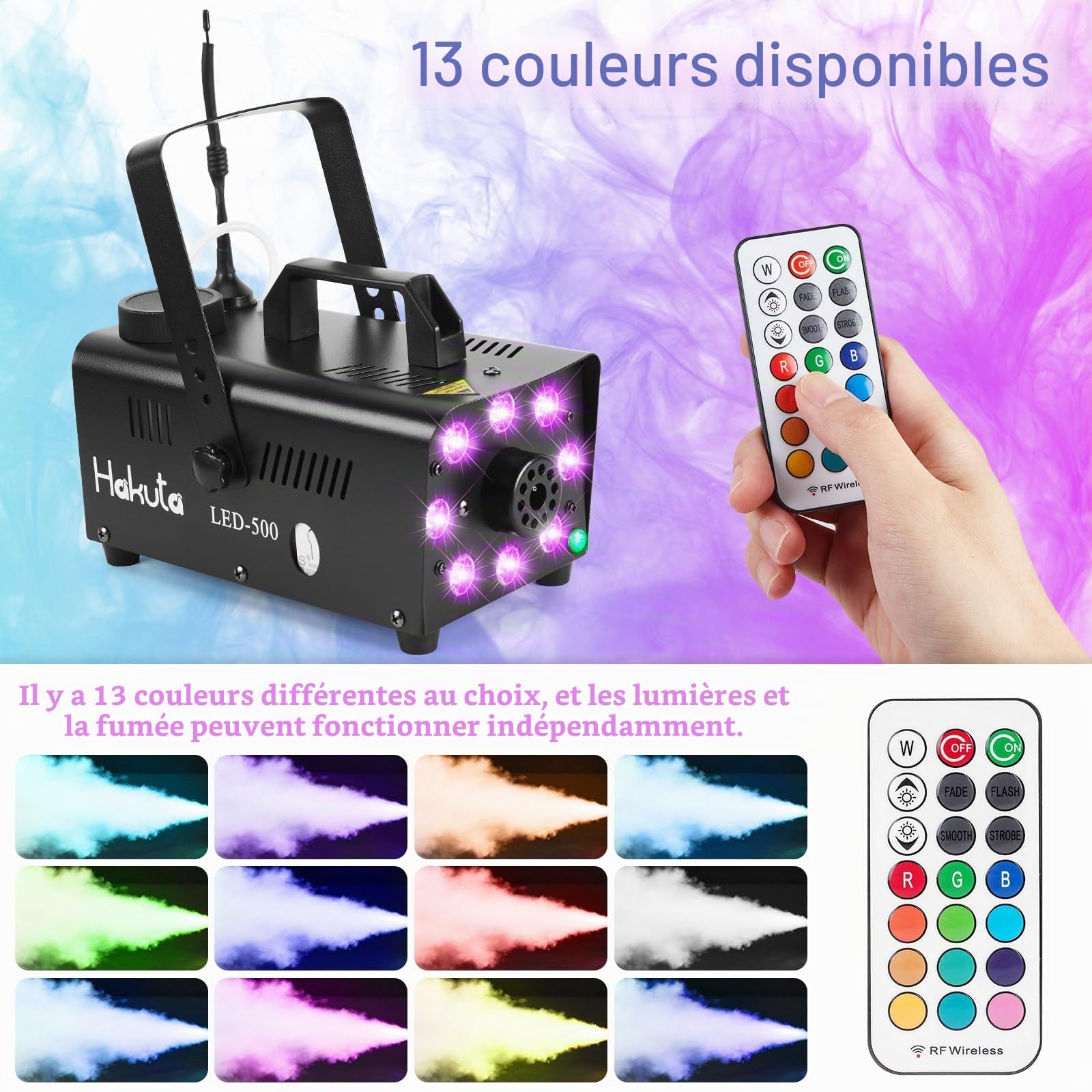 Hakuta Machine à fumée Contrôl par App, Machine à fumée avec 13 lumières LED colorées, puissance de 2000CFM avec 2 télécommandes sans fil, parfait pour mariage, Halloween et spectacles