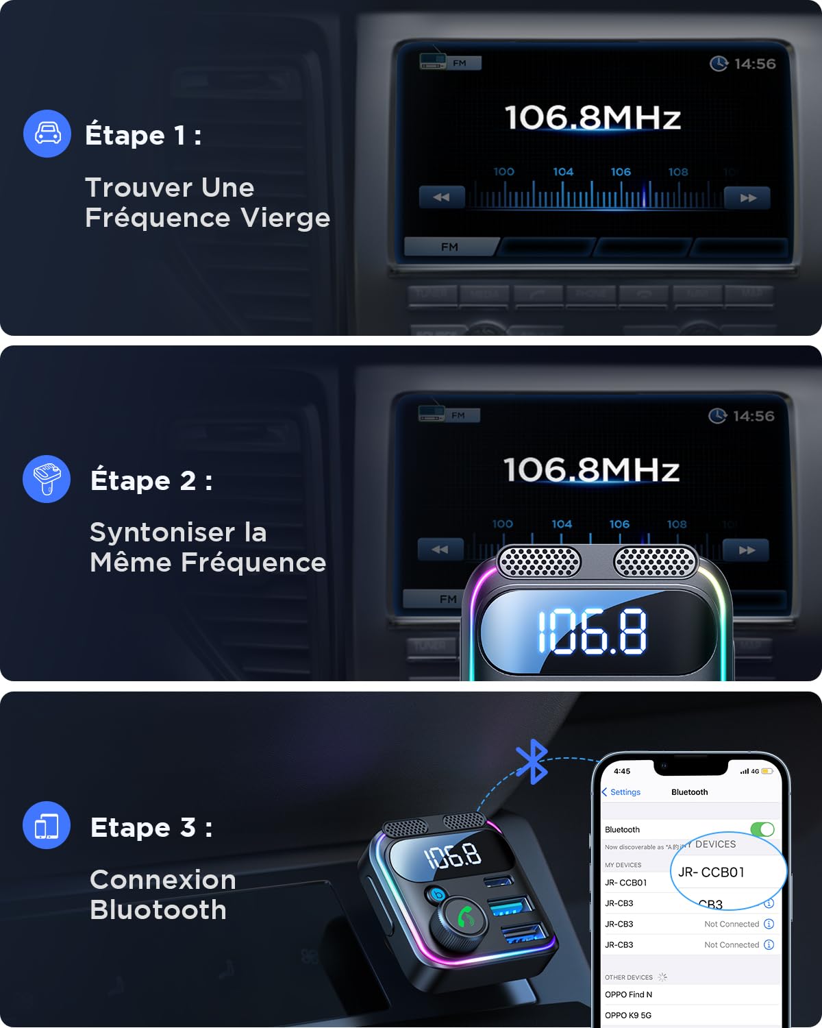JOYROOM 81W Transmetteur FM Bluetooth 5.4 Voiture,【Basses & HiFi Stereo】【45W PD & 36W QC 3.0】 Autoradio Adaptateur Bluetooth Voiture Kit Main Libre & Double Microphone, Bluetooth & U-Disk