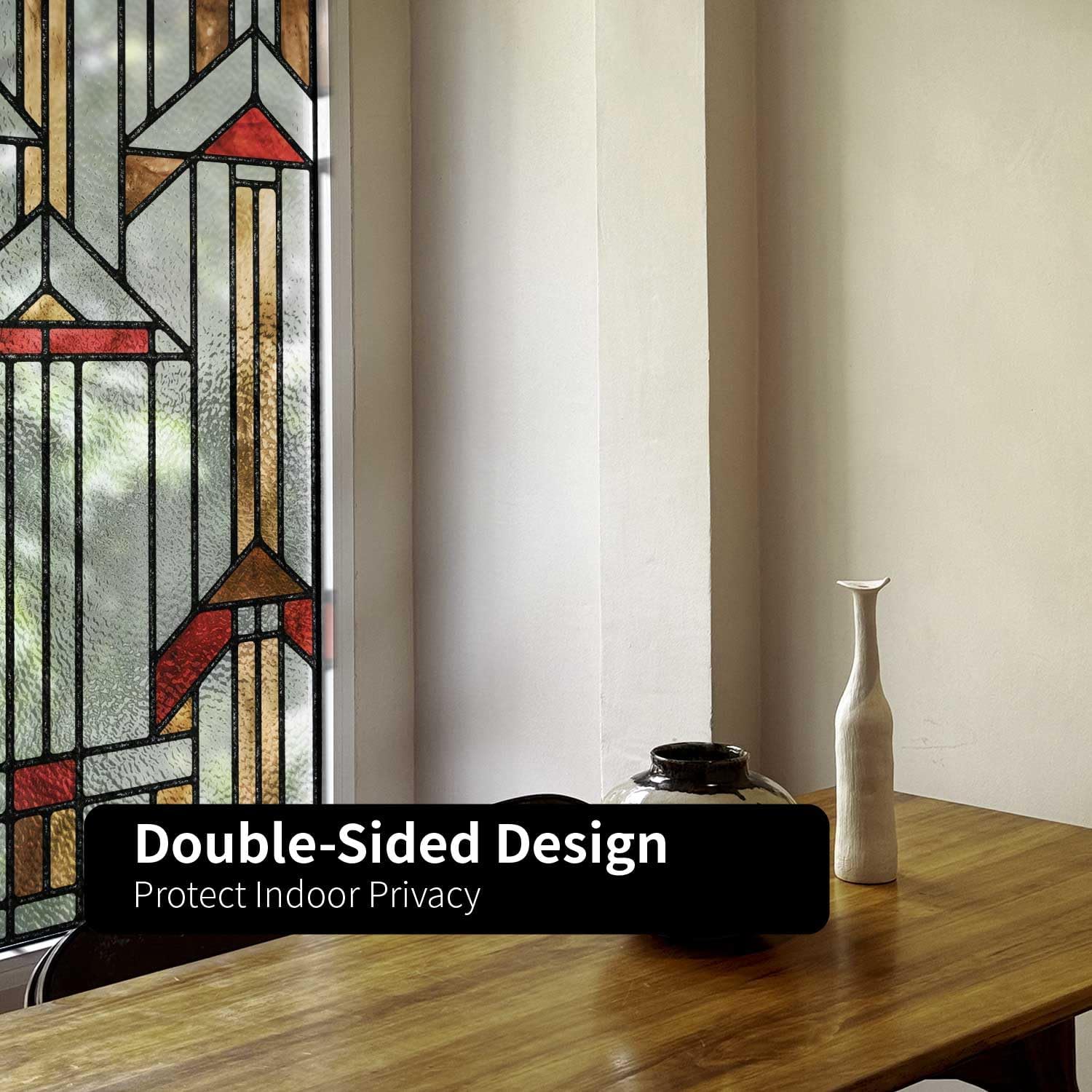 Faux Stained Glass Effect Window Privacy Film, Original Hand Dawn Static Cling Texture Sticker Inspired by Frank Lioyd Wright, 22.83" x114.17" Hollyhock House, Boho