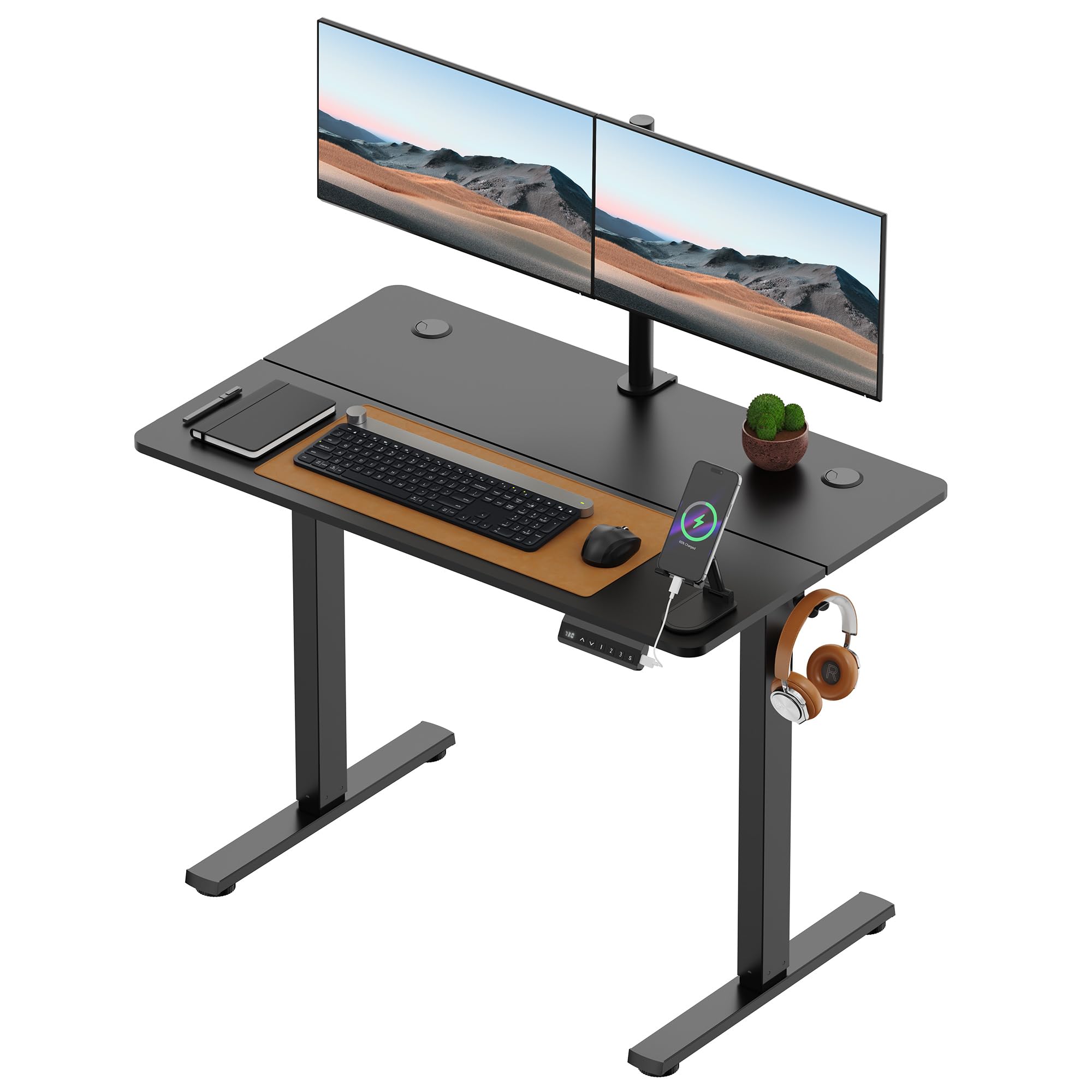 VonHaus Electric Standing Desk, USB-C Charging Height Adjustable Sit Stand Desk with Anti-Collision, Height Preset Technology & Cable Management, Black Two Piece Desktop & Steel Frame, 100x60cm — image 1