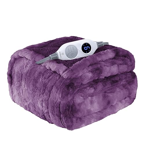 Westinghouse Electric Heated Throw Blanket, Faux Fur with 6 Heating Levels & Auto Off, Soft Cozy Sherpa Washable Blanket (50" x 60", Purple) - Purple - Throw 50" x 60"