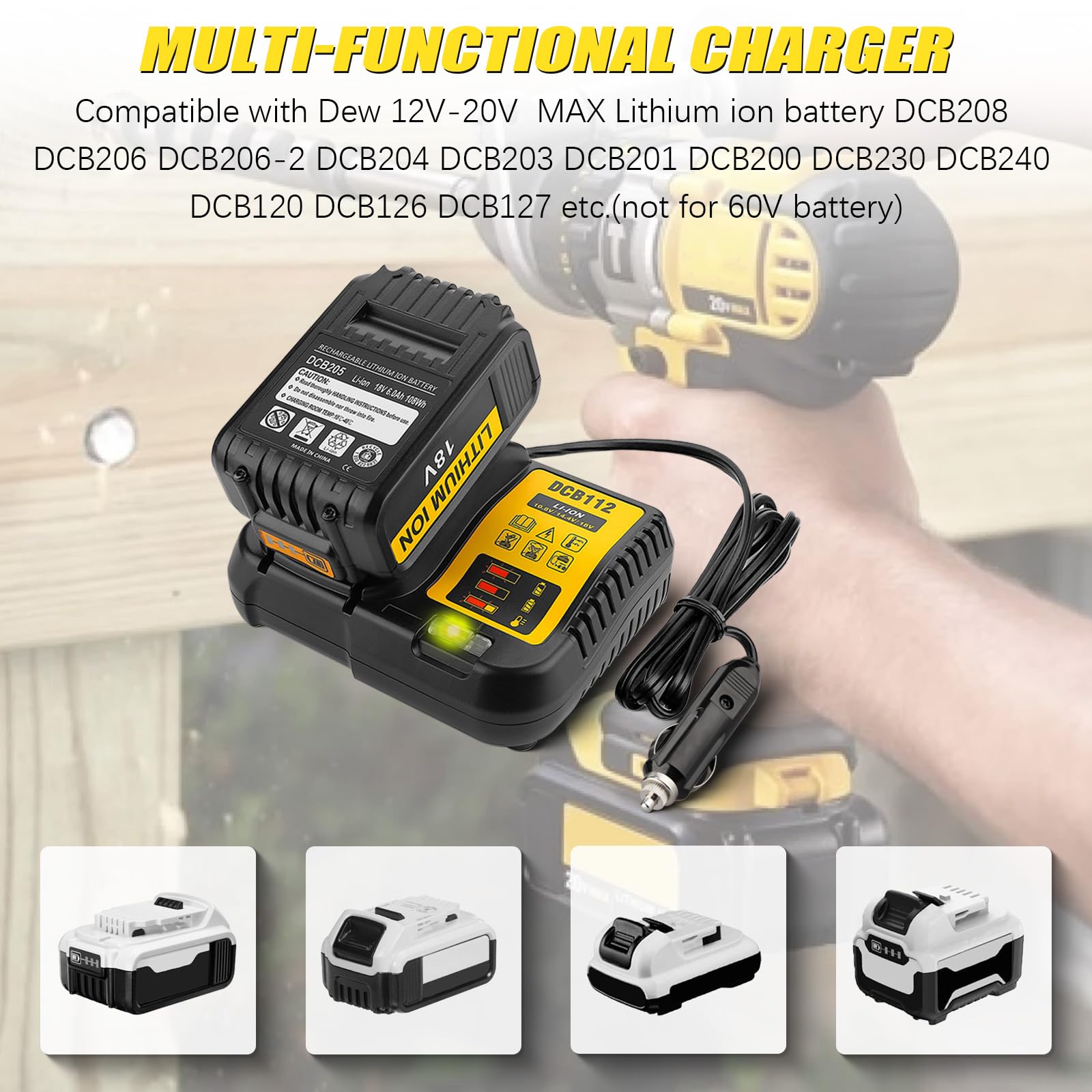 for Dewalt 20V 12V 14.4V Charger,DCB119 Car Battery Chargering Compatible with 12V,14.4V 20V & 18V MAX Lithium Ion Battery DCB203 DCB206 DCB120 Cigarette Lighter Plug Vehicle Charger,3A