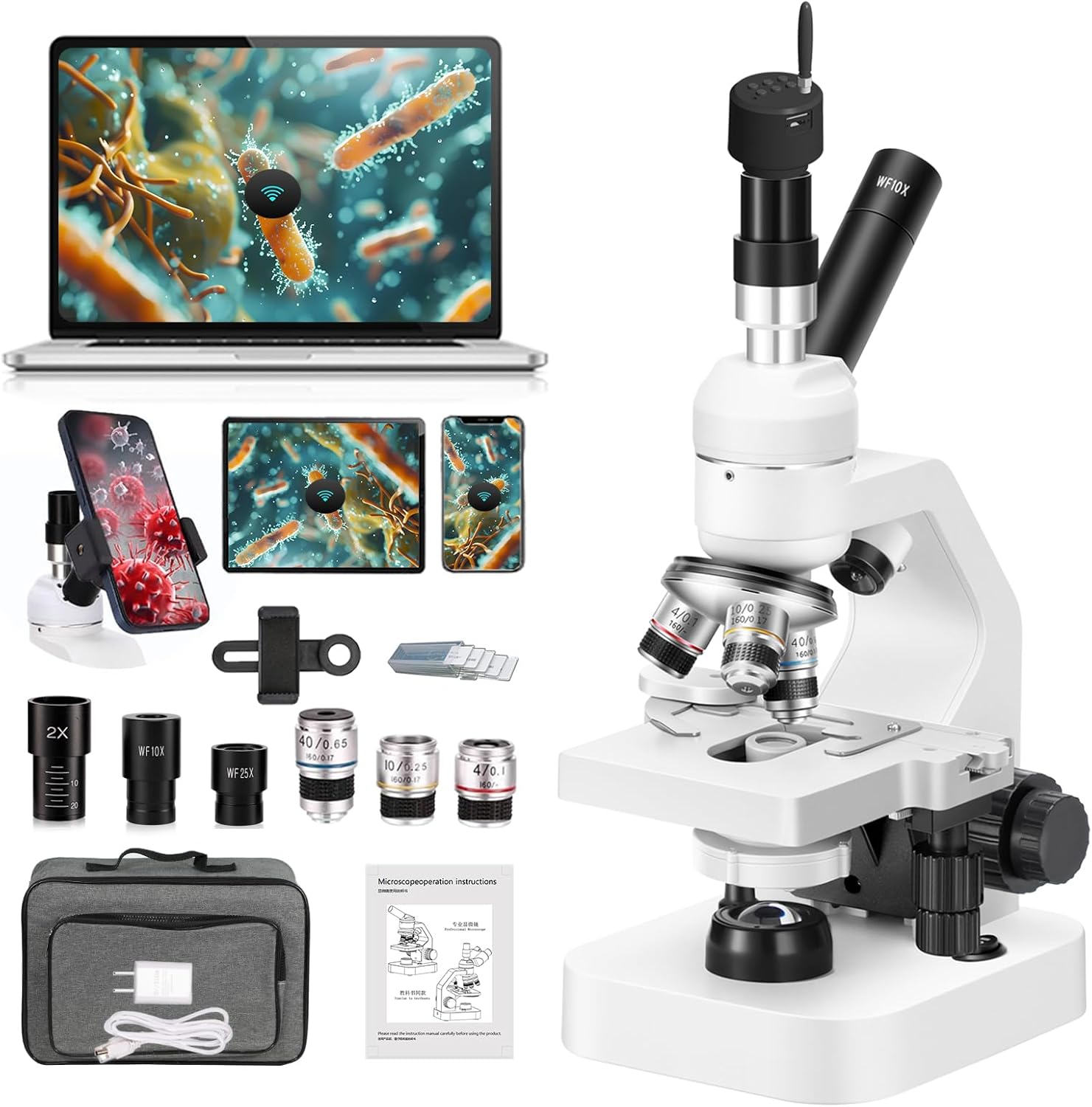 Microscope 40x-2000x Magnification with up and Down LED Lights, Double-Layer Stage, Primary and Secondary School Students, Children's Compound Microscope (Single) (WiFi Electronic Eyepiece)