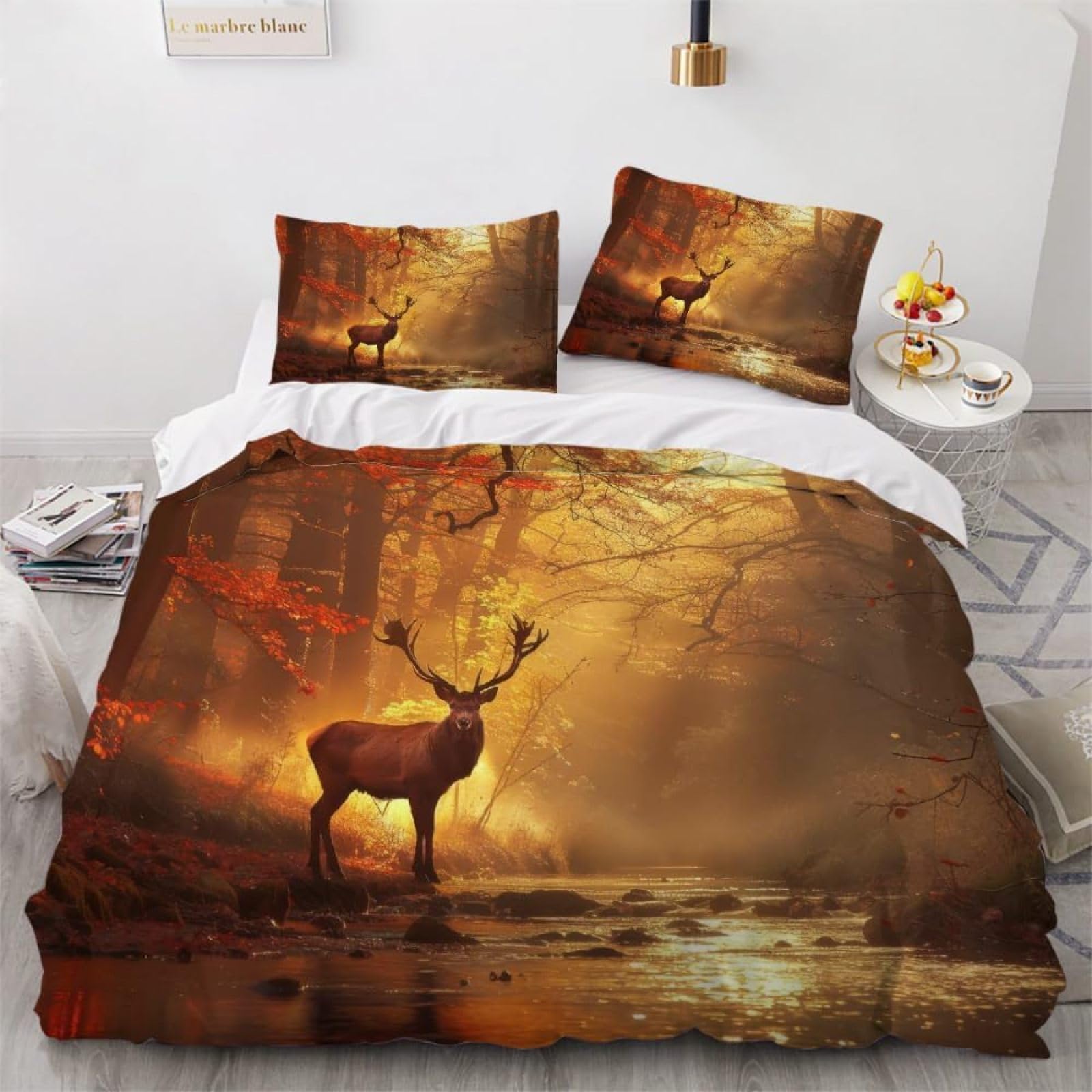 Housse de couette 240x260 cerf respirante parure de lit 2 personnes avec zip et taies 65x65