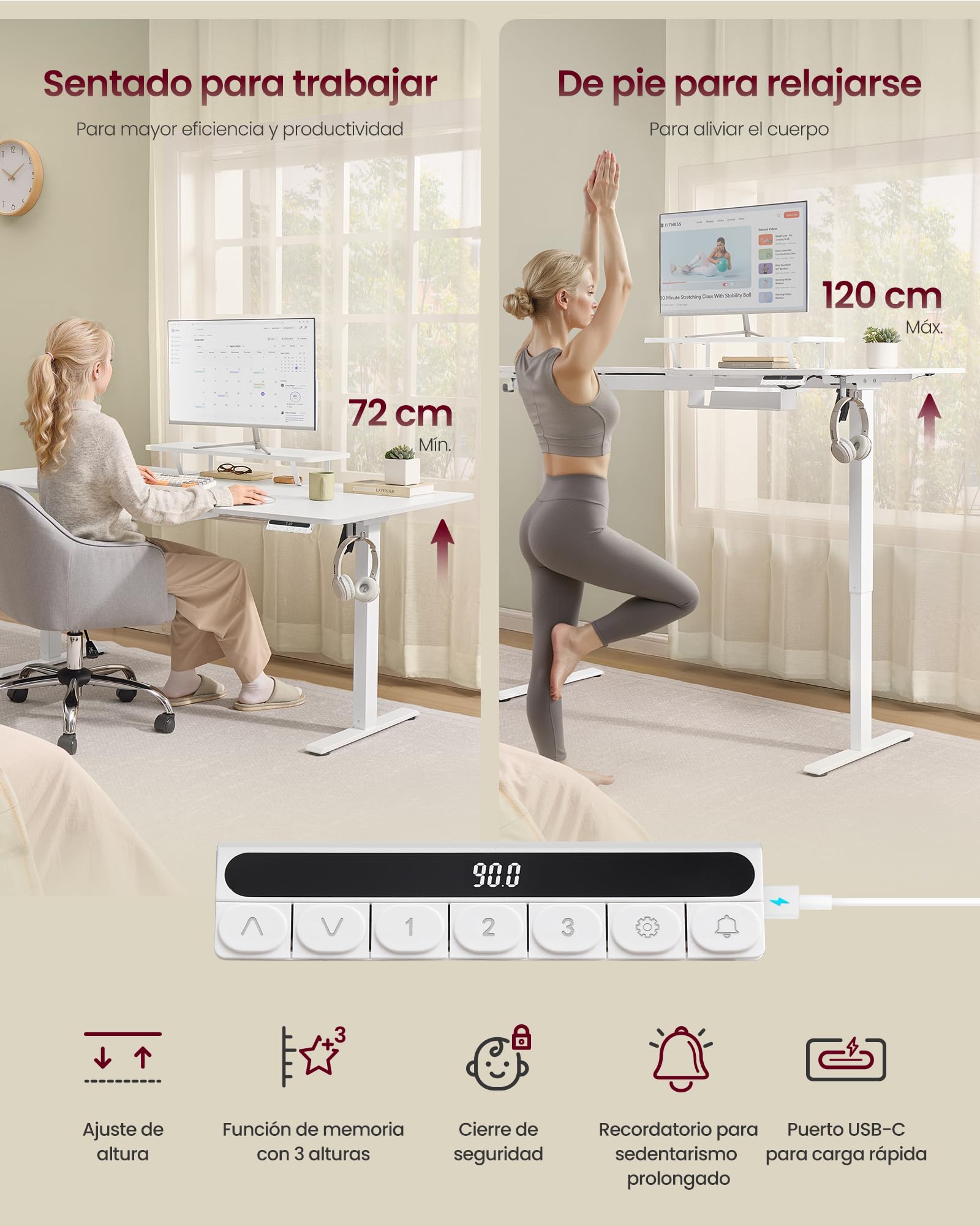 VASAGLE Escritorio Eléctrico Ajustable en Altura, 160 x 80 cm, para Trabajar de Pie, Soporte para Monitor, Cajón, Puerto USB-C, Recordatorio de Sedentarismo, para Oficina, Blanco Nube LSD156WB01