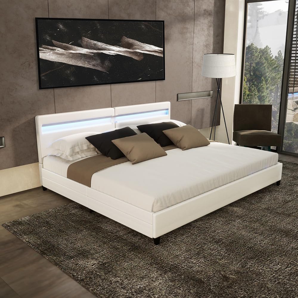 Home Deluxe - Letto LED NUBE - bianco, 200 x 200 cm - inclusa rete a doghe e cassetti I letto imbottito letto design inclusa illuminazione