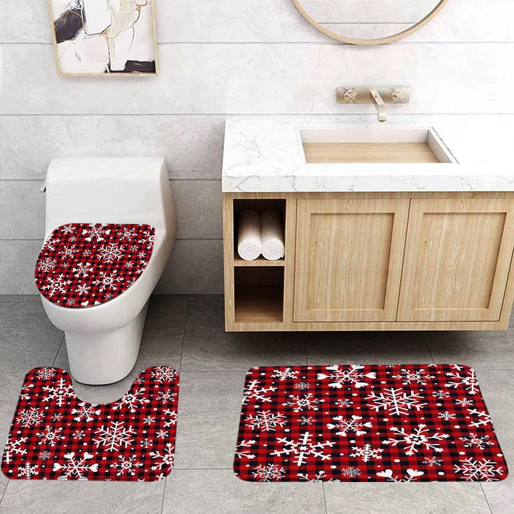 Christmas Snowflake 3 Pcs Bath Rugs Set,Red Black Buffalo Plaid Snowflake Winter Holiday Rustic Farmhouse Festival Bathroom Kitchen Rug with 17.8