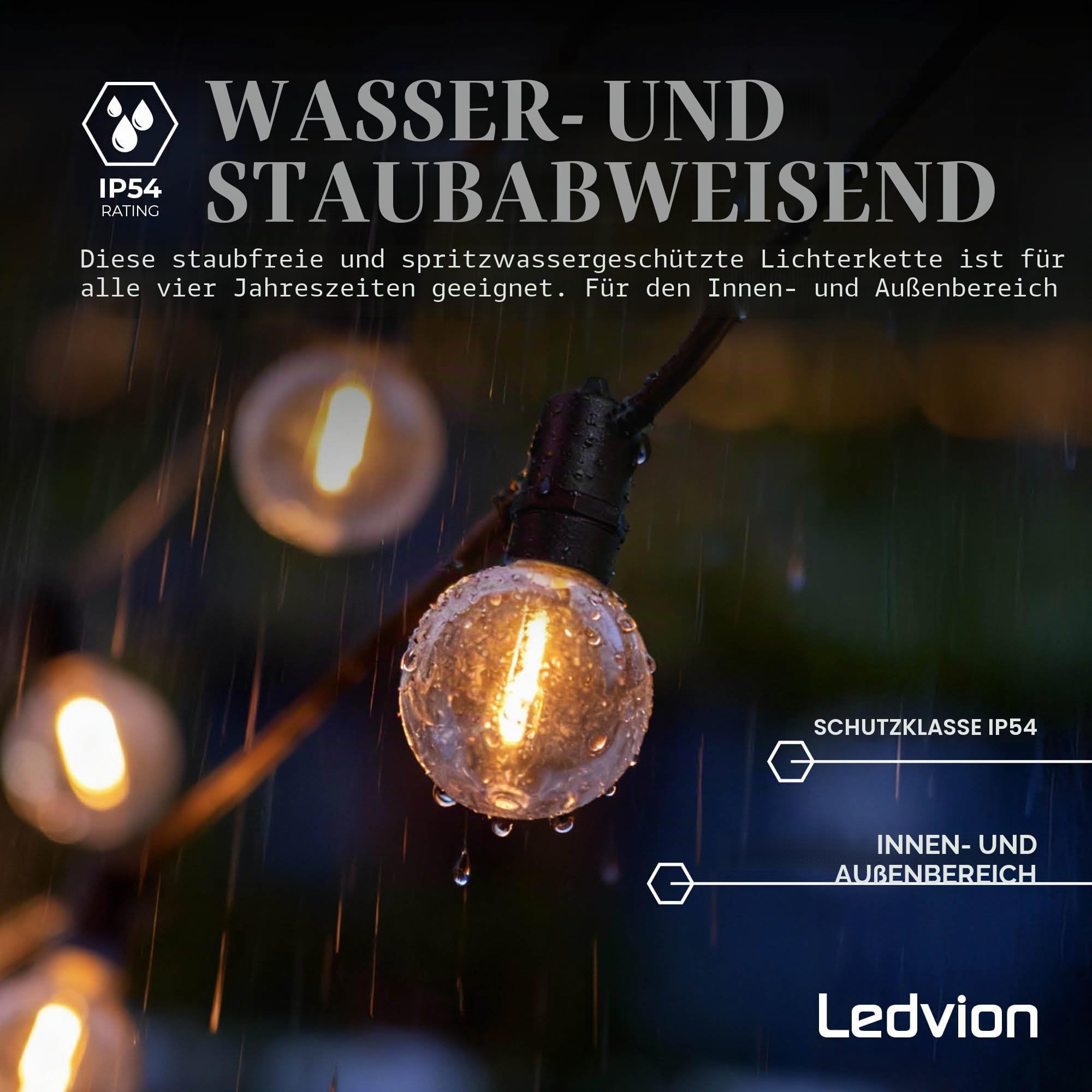 Ledvion - Lichterkette, 16.5M Solar, 30x E12 LED Lampe, wasserdicht IP44, 2700K, G40, Plug & Play, koppelbar