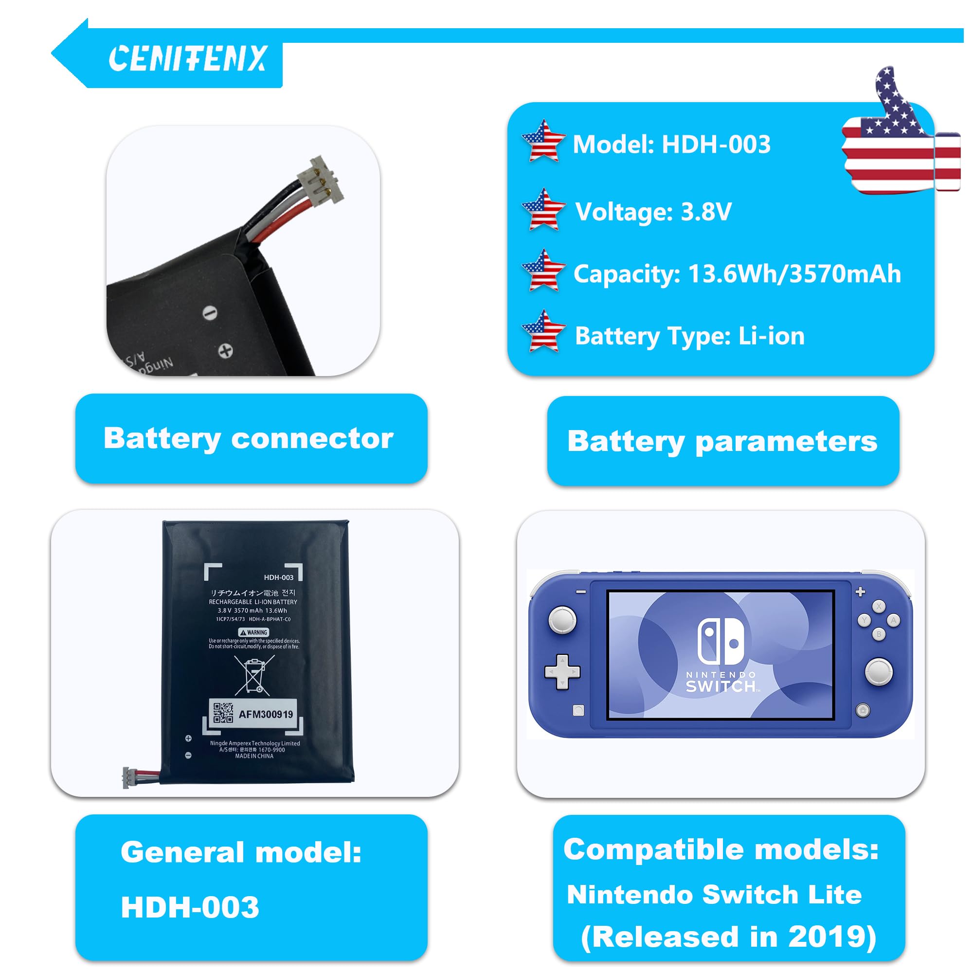 Amazon.com: CENIFENX Switch Lite Battery, HDH-003 3.8V