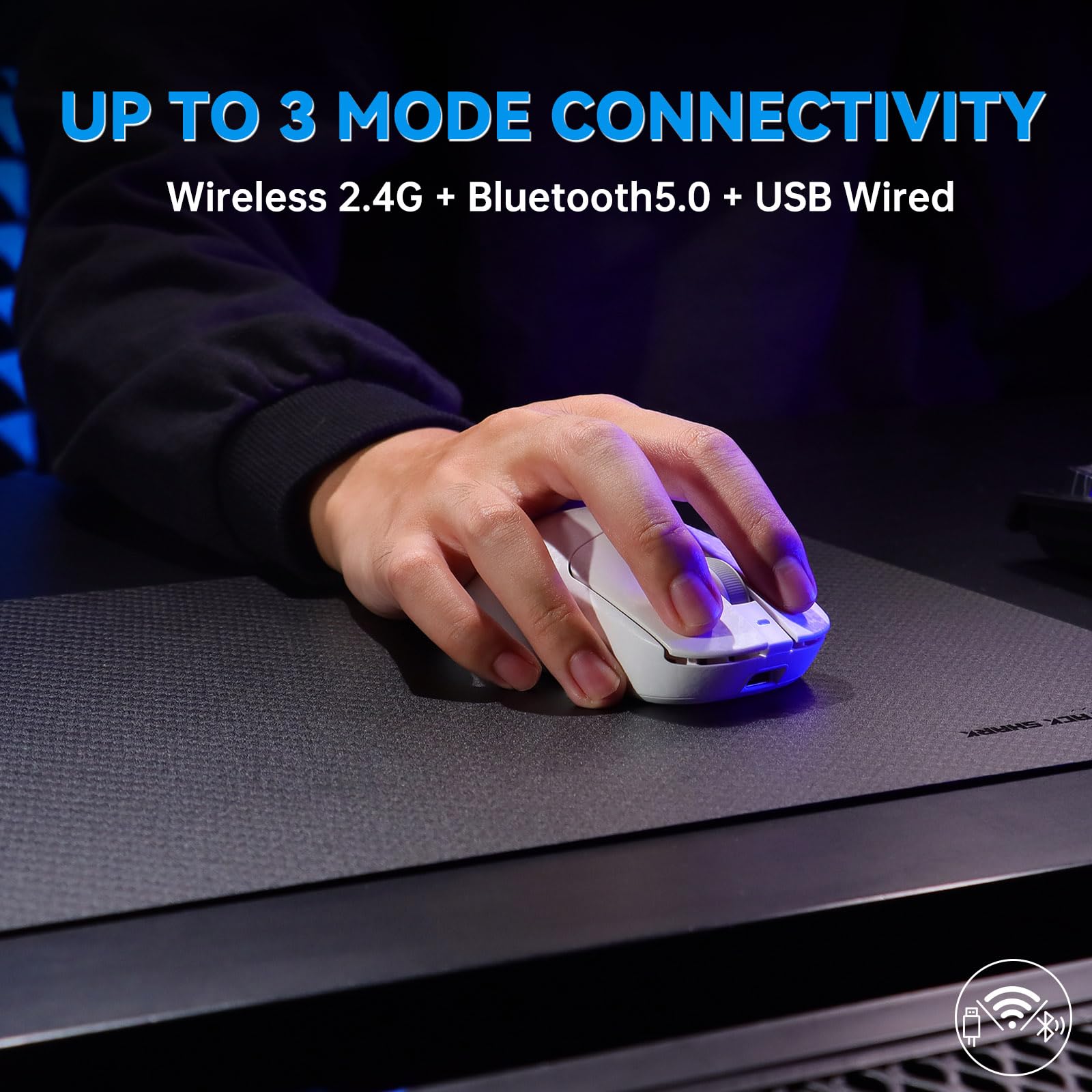 A.JAZZ AJ199 Mouse da Gioco in Fibra Carbonio, Wireless 2.4G/BT/USB Cablato Tri-mode, Ultraleggero 55g, Sensore Ottico PixArt PAW3311 con 24K DPI e Polling 1K, Mice da Gamer per ufficio - Bianco