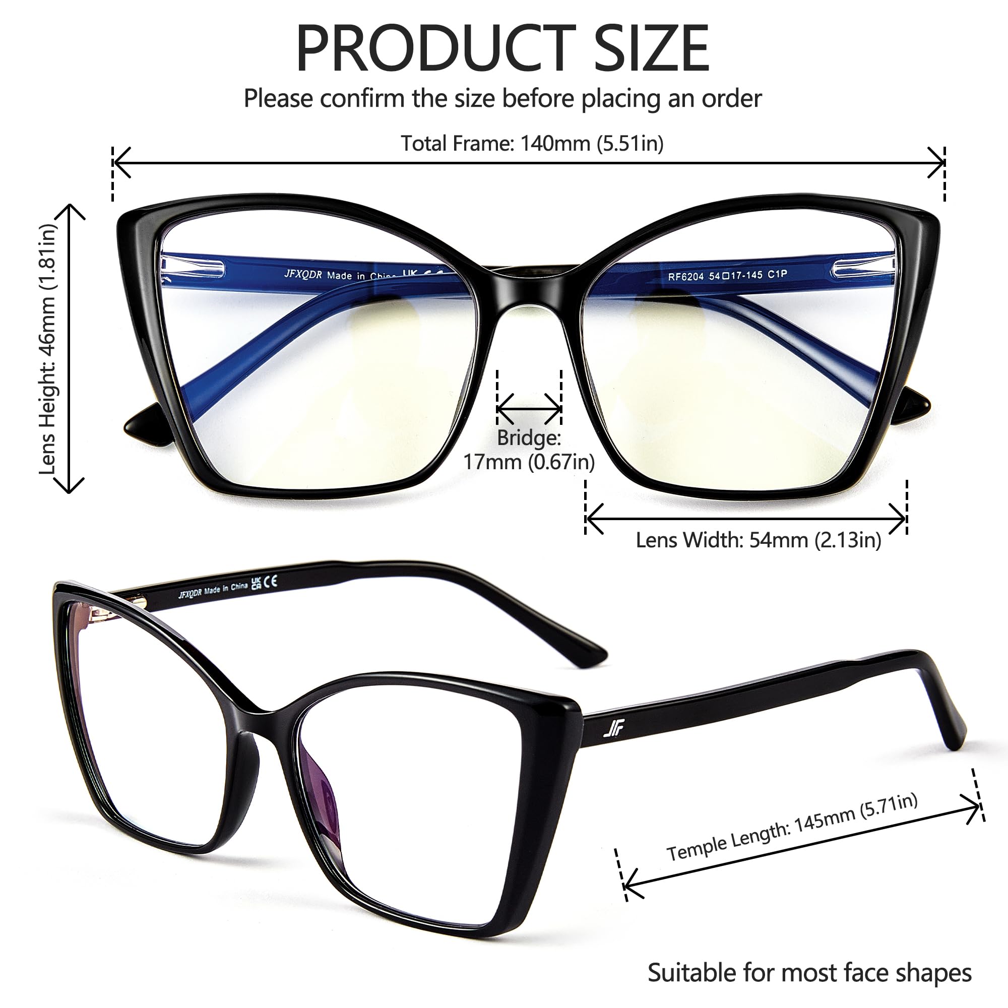 Occhiali di blocco della luce blu oversize da donna, occhiali alla moda occhio di gatto per gioco al computer, antiriflesso e UV RF6204
