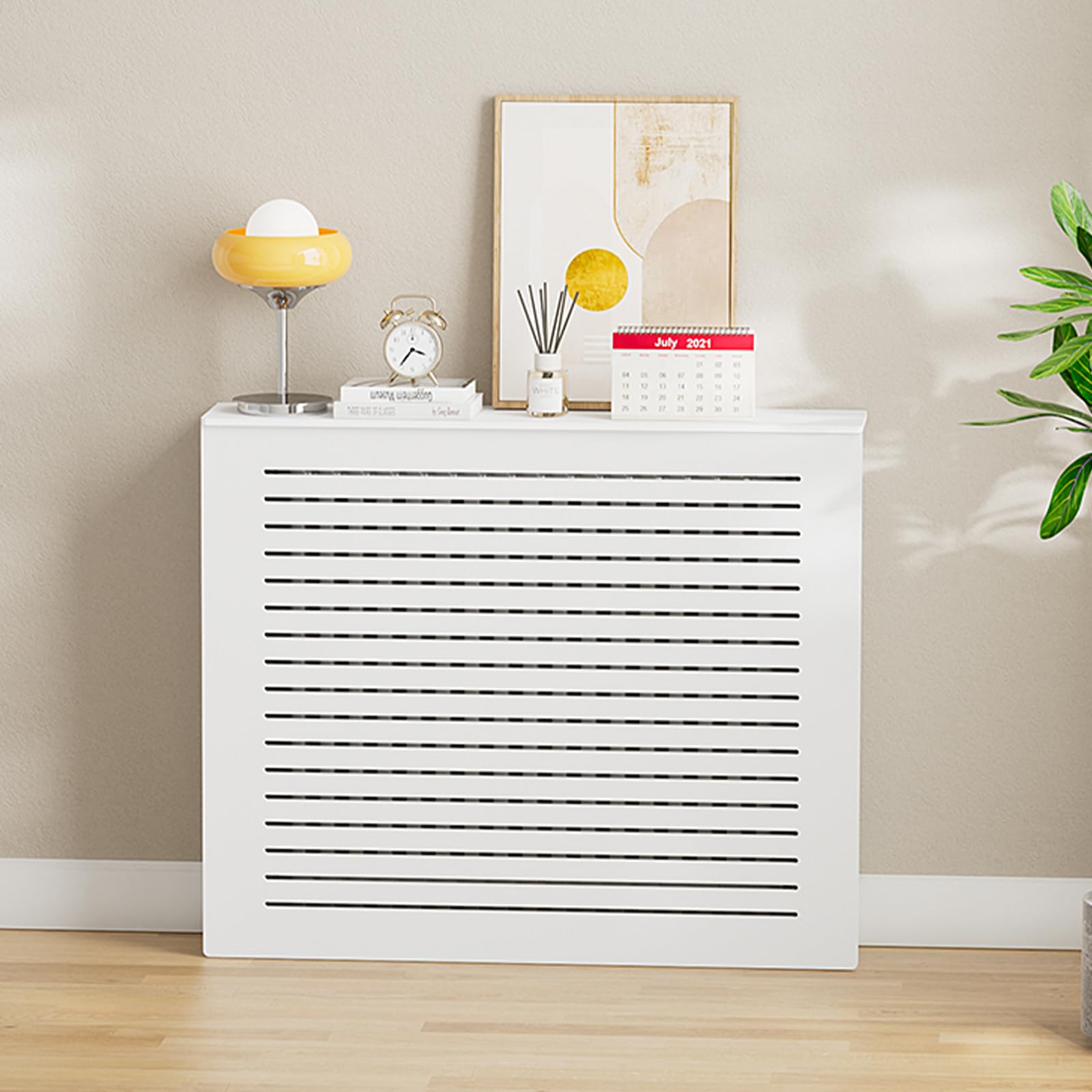 Moderno estante de madera para radiador, armario de calefacción con persianas blancas para sala de estar y oficina, 60 x 70 x 20 cm, elegante organizador de tuberías y desorden