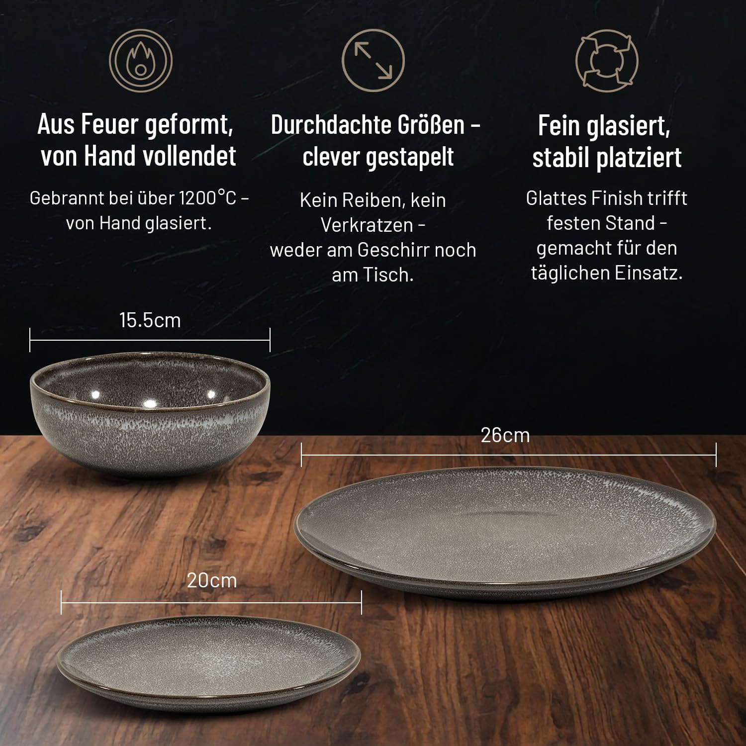 Glavory Eclipse *NEU* – Steingut Geschirr Set 6 Personen – 18-teilig – Service & Geschirrsets in Schwarz – Tafelservice mit Geschenkverpackung
