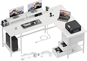 66" L Shaped Computer Desk, 94.4'' Home Office Desk with Power Outlets, 4 Adjustable Storage Drawers & 2 Monitor Stands, Large Two Person Gaming Table for Writing Study, White