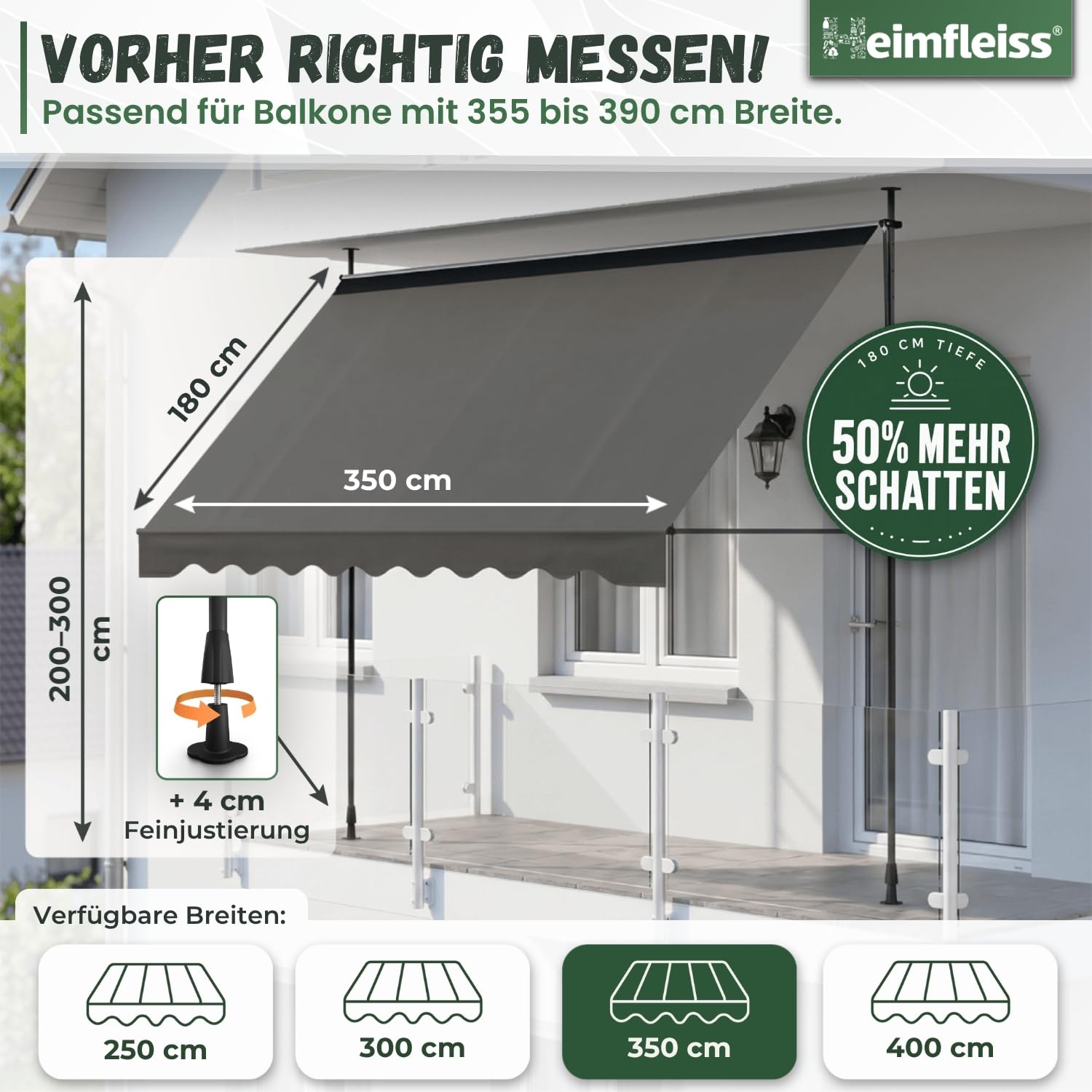 Heimfleiss® Klemmmarkise 350 cm breit mit Handkurbel | Markise Balkon ohne Bohren | Balkon Sonnenschutz, UV-beständig (UV 50+), höhenverstellbar & wasserabweisend