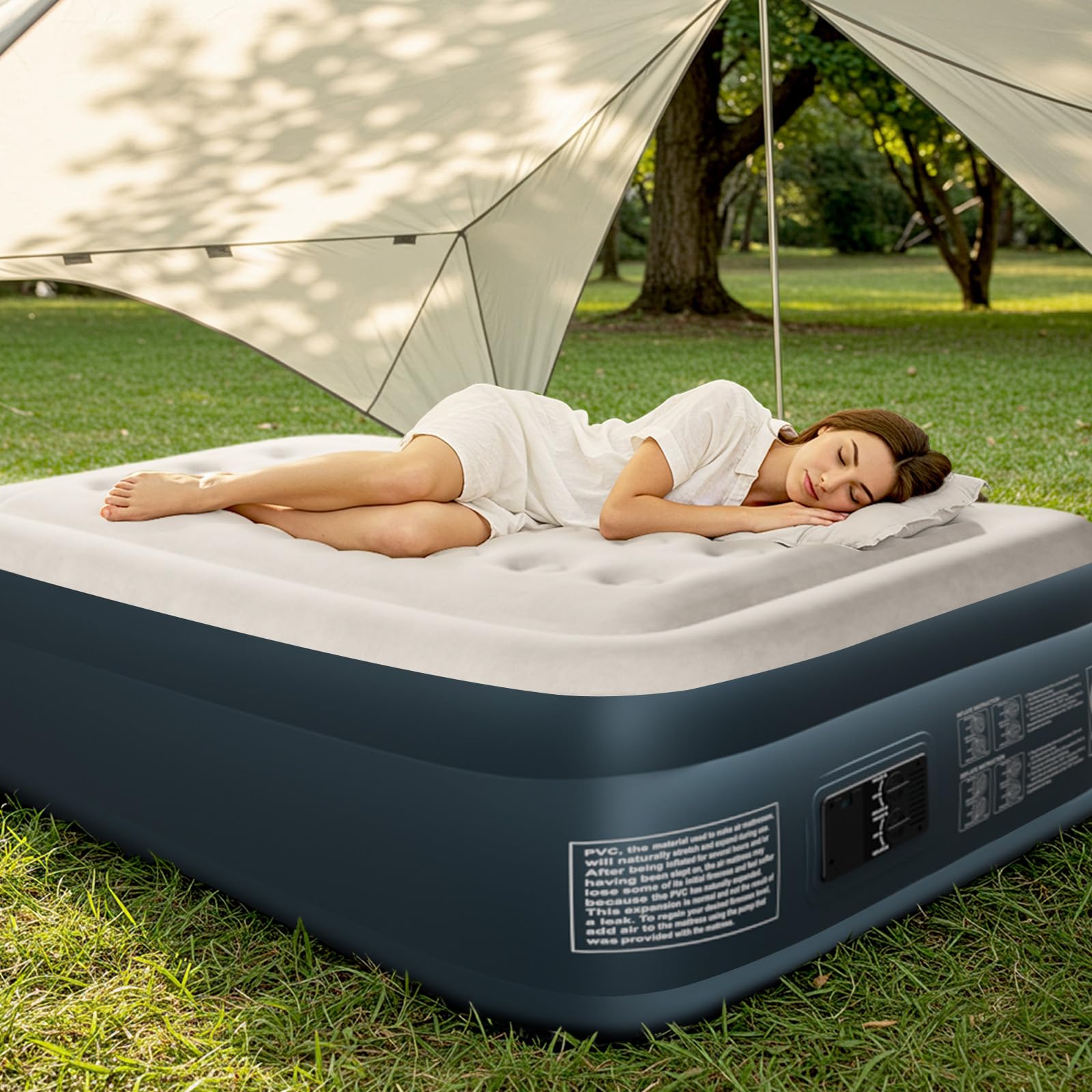 Bonnlo Faltbare Campingmatratze mit Elektrischer Pumpe – Luftmatratze selbstaufblasend Velours-Oberfläche Luftbett Outdoor 100 kg 190 x 99 x 45 cm Grauweiß Dunkelgrau