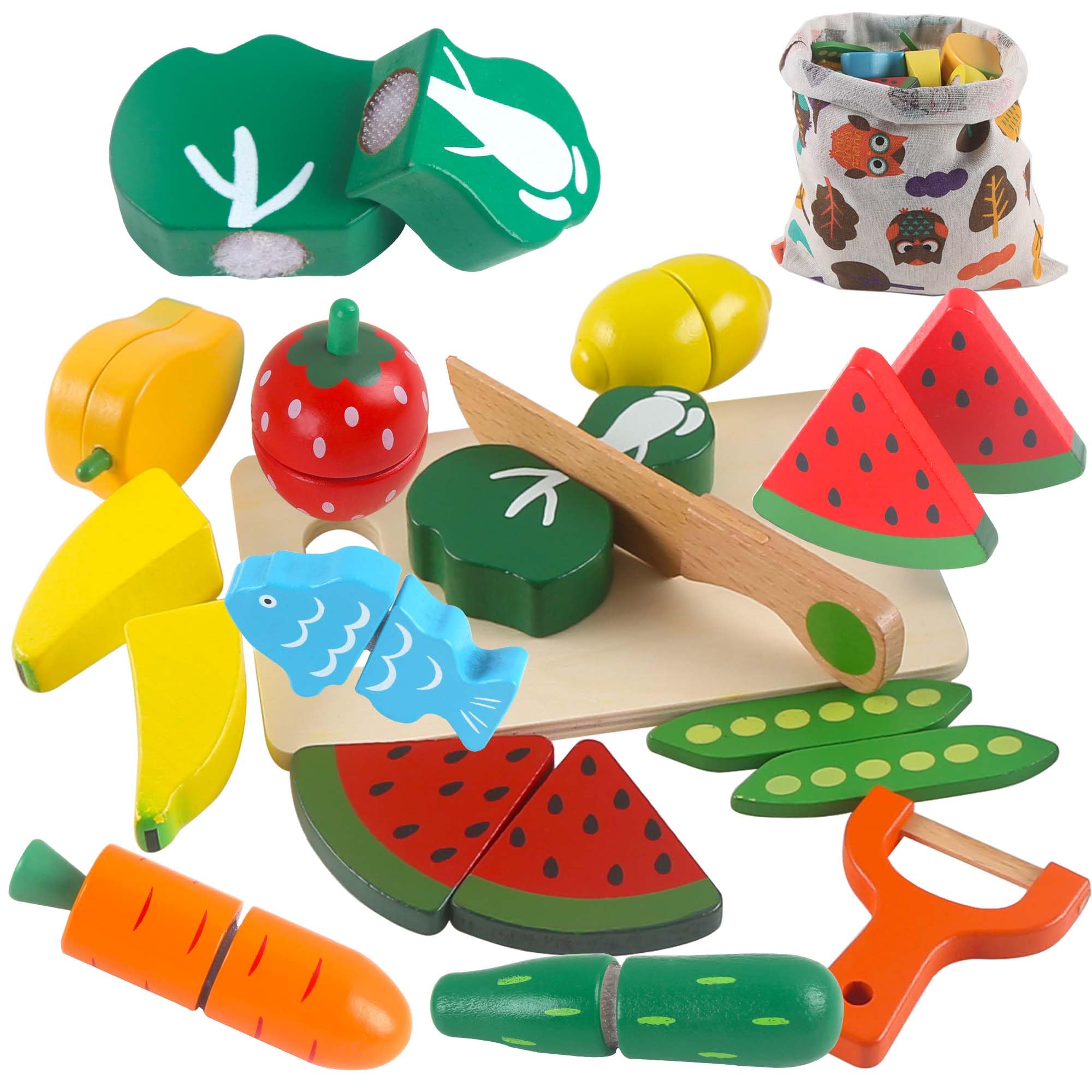 Jouet Coupe Fruits Et Légumes En Bois - Ensemble Cuisine Enfant 2-5 Ans Avec Couteau Et Planche