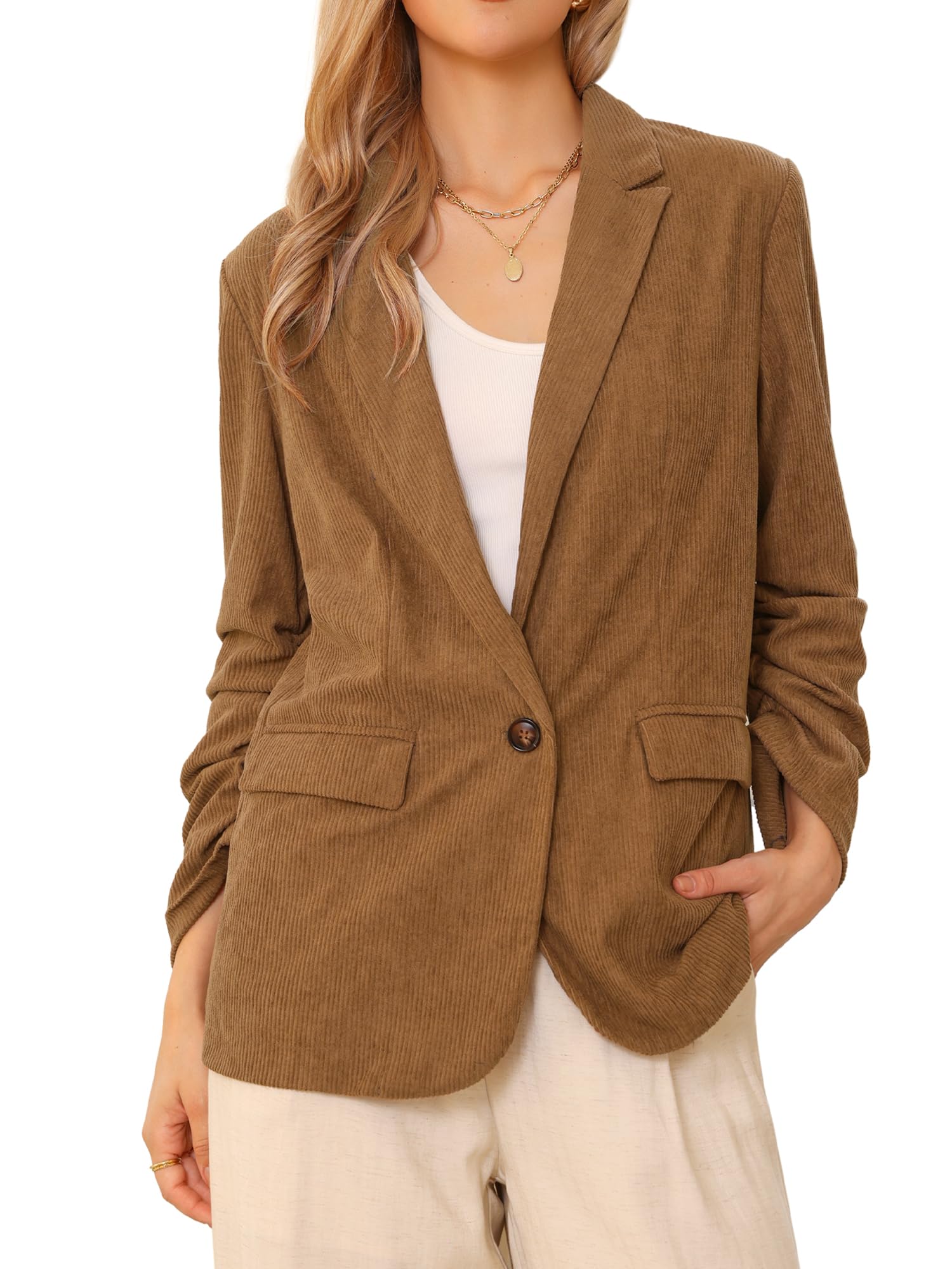 Allegra K Corduroy Blazer Jackets for Women Ruched Sleeve Lapel Pockets Dressy Casual Business Suit Jacket Winter Outerwear