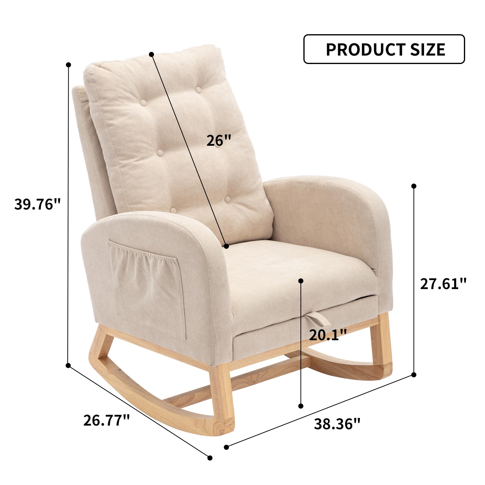BOSTANA Gliding Rocking Chair with Retractable Footrest & High Back,Nursing Chair with Rubber Wood Legs and Side Pocket,Nursery Glider Teddy Chair for Living Room & Bedroom - Beige