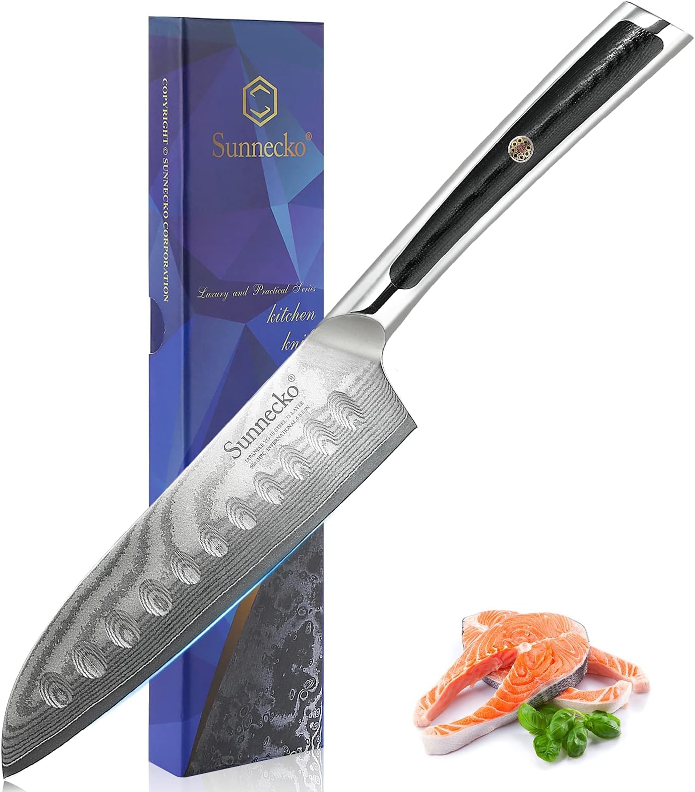Sunnecko Kitchen Knife Japanese Damascus Santoku Knife 5 Inch,High Carbon Steel Cooking Knife Professional with G10 Handle