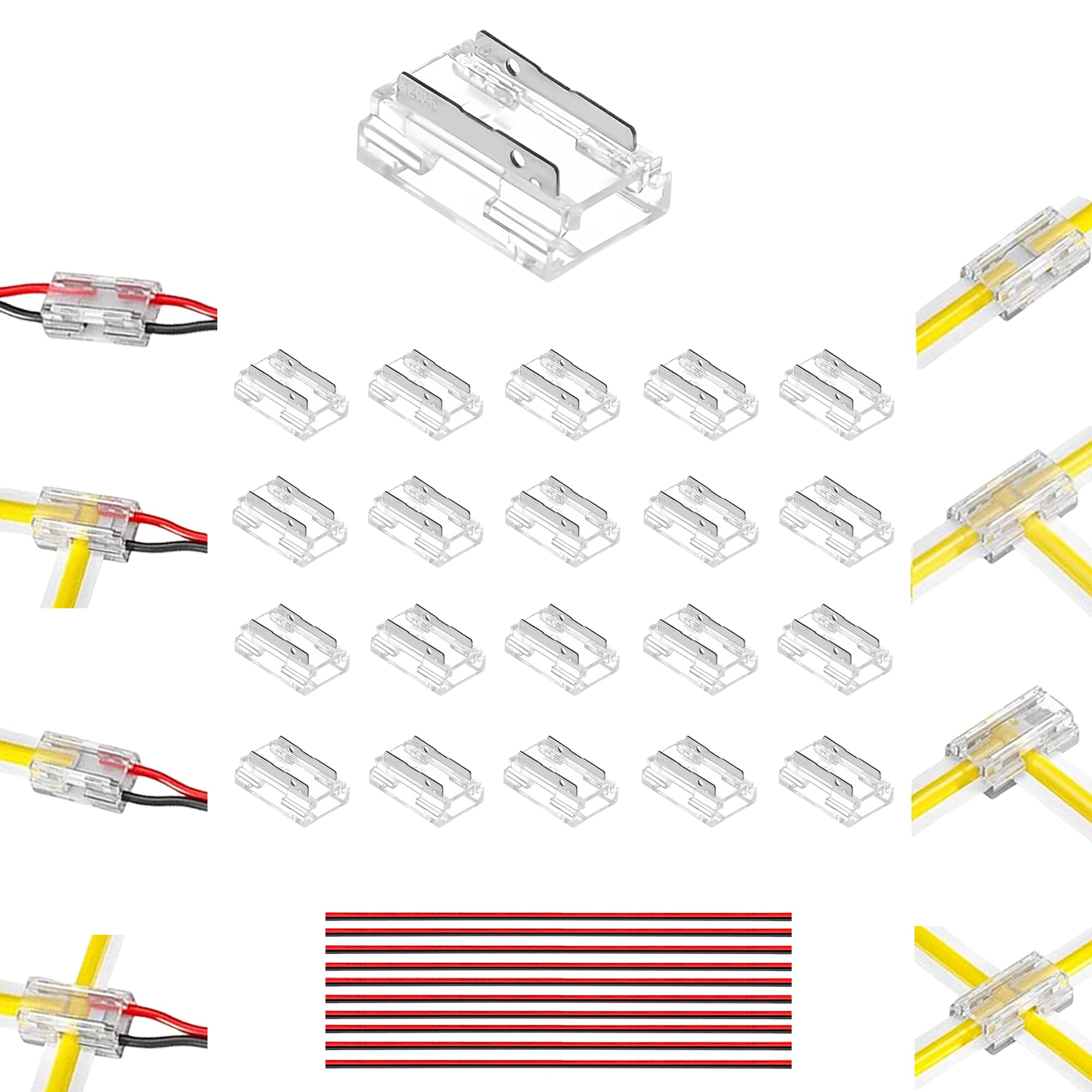 Clearhill White 10Mm 2Pin 20Pcs 8-In-1 Press-In Assembly Cob Led Strip Connectors,8 Types,Gapless Solderless Connection,Ultra Slim,Straight,Corner,Strip To Strip To Wire Connectors,For 5V 12V 24V Led Strip