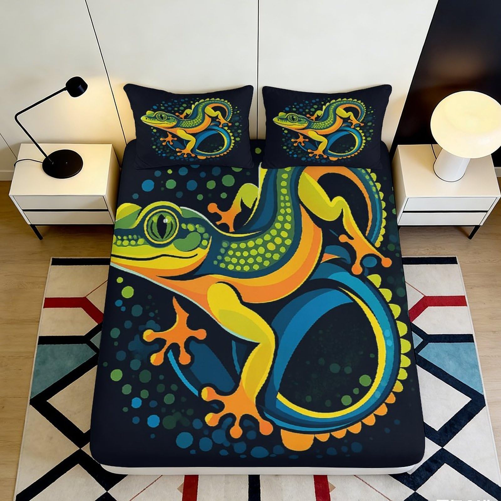 3D Printed Lizard Fitted Sheet Microfiber Deep Pocket Bedroom Bedding Lizard Mattress Fitted Cover Elastic Hem Washable for Adults Teens 120x200x25cm