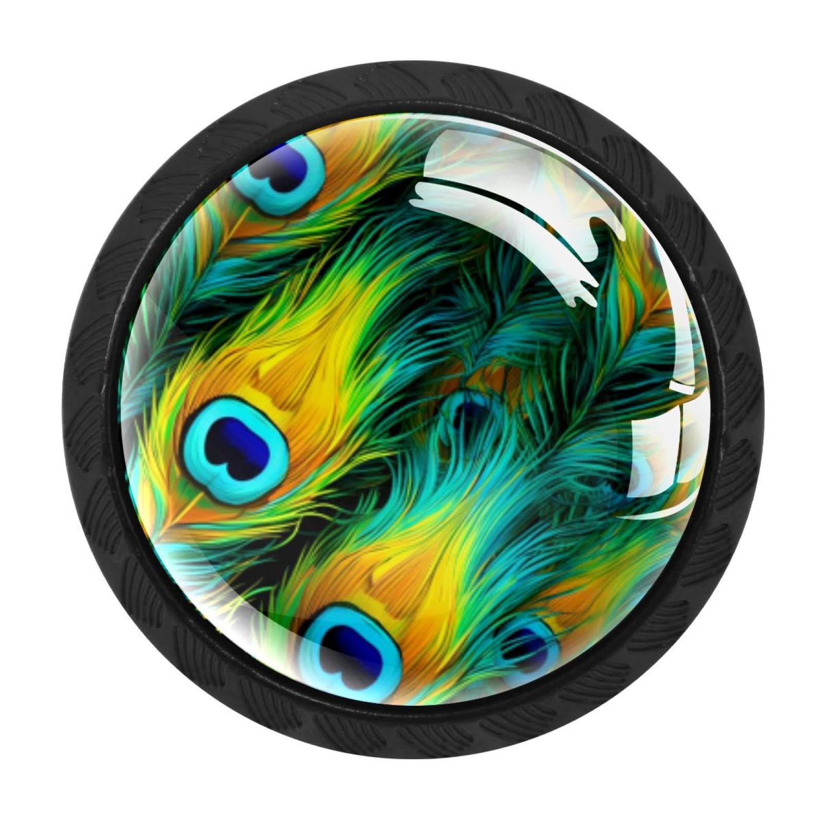 CHENZZZZ 4 Pack Black Peacock Feather Drawer Knobs, Cabinet Knobs Round Glass Knobs for Kitchen Cabinet Hardware Bathroom 35MM