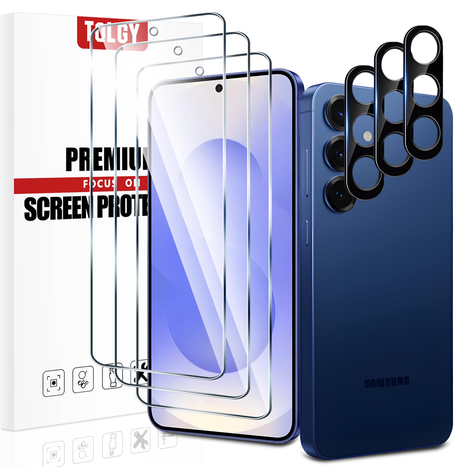 TQLGY 3 Pack Screen Protector for Samsung Galaxy S25 FE with 3 Pack Camera Lens Protector, Ultra HD Tempered Glass, 9H Hardness, Anti-Scratch, Bubble Free, Easy Installation, Case Friendly