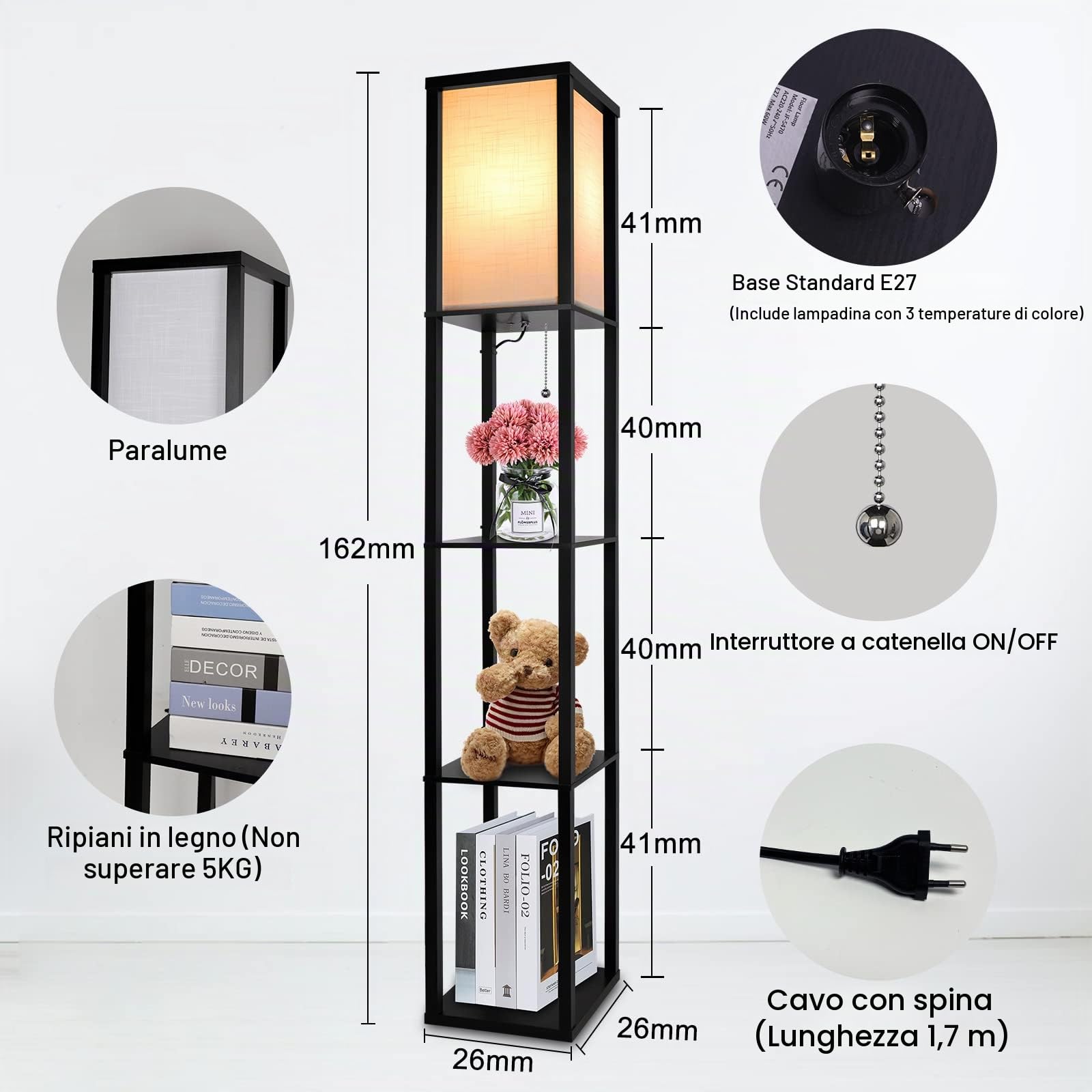 LED Lampada da Terra in Legno, 1.62 m Lampada a Stelo con 3 Ripiani (con 3000K-5000K E27 Lampadina) Retrò 3 Temperature di Colore Lampada da Comodino con Paralumi per Soggiorno Camera da Letto Uffici