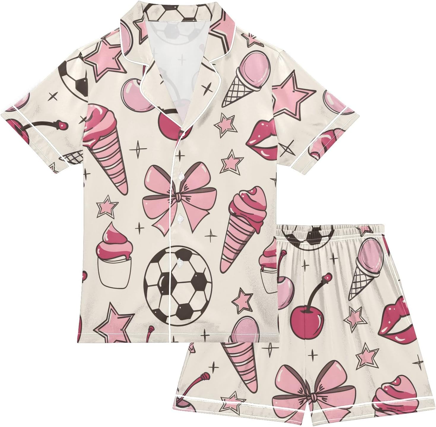 Kids Satin Wear Set Football Ice Cream Cherry Stars Pattern Relaxed Fit Clothing Short Sleeve and Shorts
