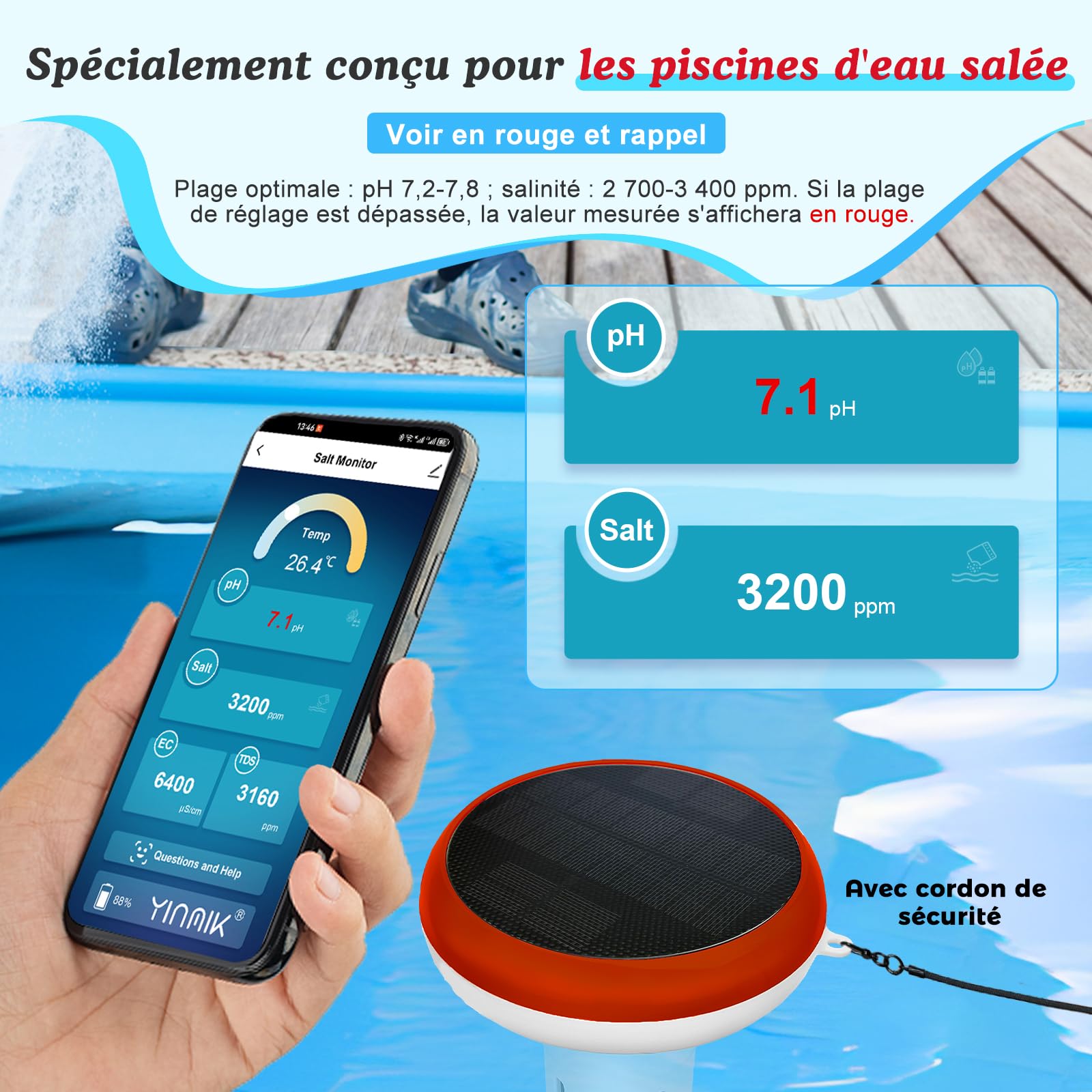 YINMIK Moniteur Intelligent pour Piscine,Lecteur de Sel Solaire | pH-Mètre Numérique pour Piscines d'eau Salée, Testeur 5 en 1 (pH, salinité, EC, TDS, température) pour Piscines Extérieures