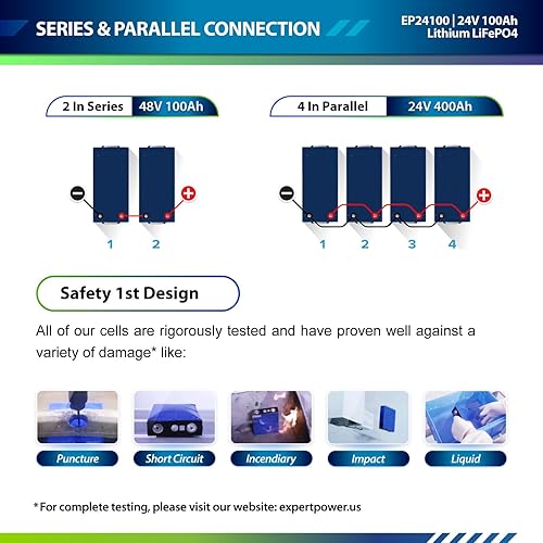 Miniatura 3 de ExpertPower Batería recargable LiFePO4 de litio de 24 V y 100 Ah  Bluetooth  2500-7000 ciclos de vida y 10 años de vida útil  BMS integrado  Motores