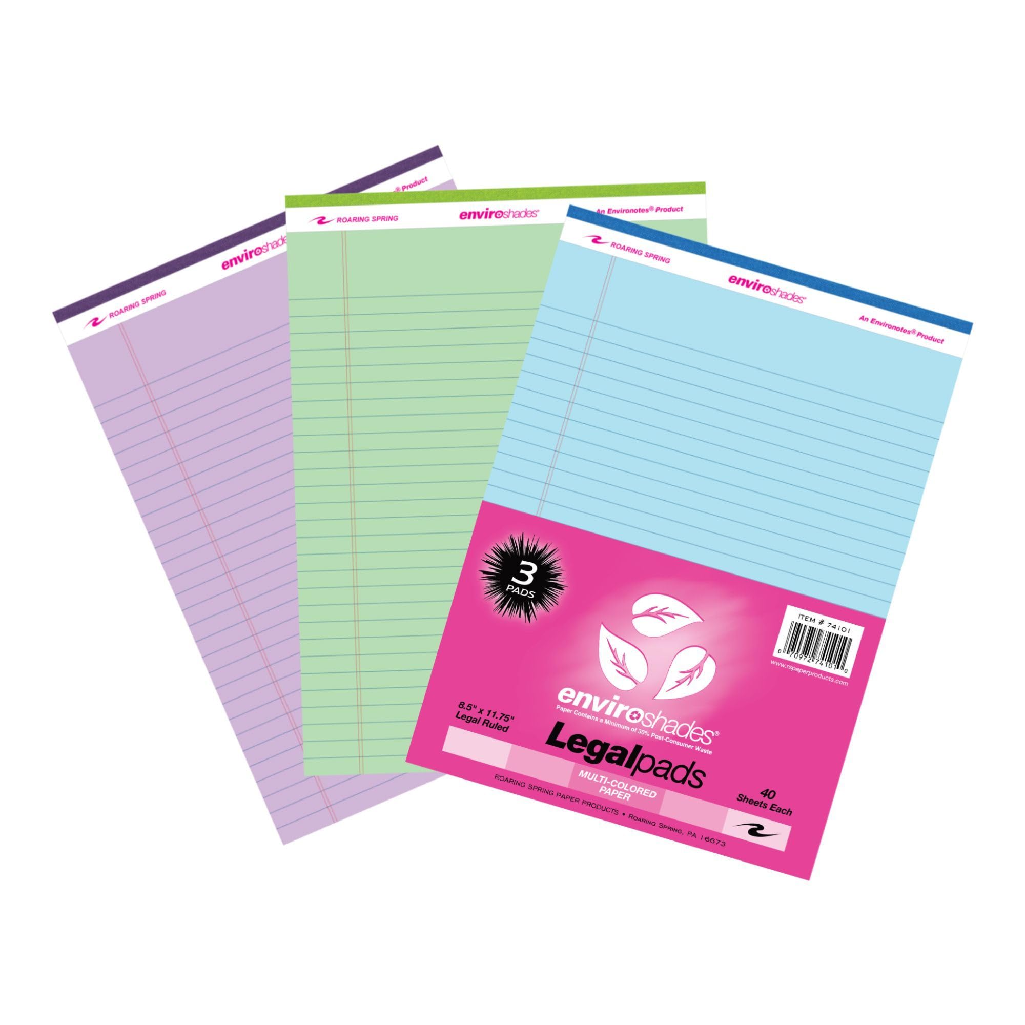 ROARING SPRING Enviroshades 3-Pack Colored Legal Pads, 8.5" x 11.75", 40 Sheets Ea, 15# Recycled Pastel Paper Per Pad, Legal Ruled, Perforated (74101)