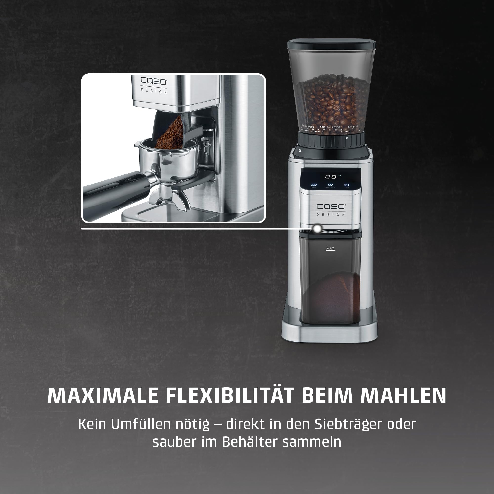 CASO BaristaChef Inox - elektrische Kaffeemühle, Testurteil: Sehr Gut, Edelstahl-Kegelmahlwerk, mit Siebträgerhalterung, 48 präzise Mahlgradstufen