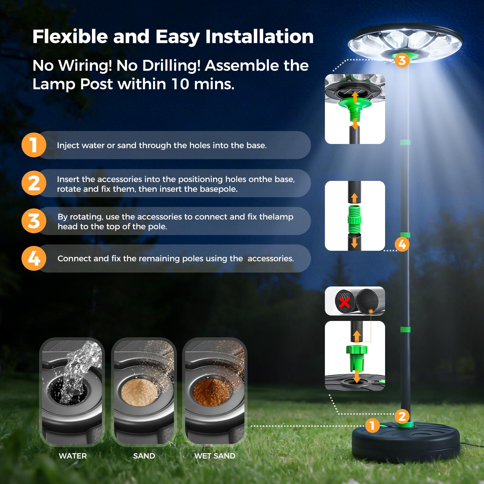 Lampione solare per esterni aretto solare LED 75W luce di sicurezza | con sensore di movimento e palo alto 240cm, base riempibile d'acqua lampade solari per giardino parcheggio cortile garage