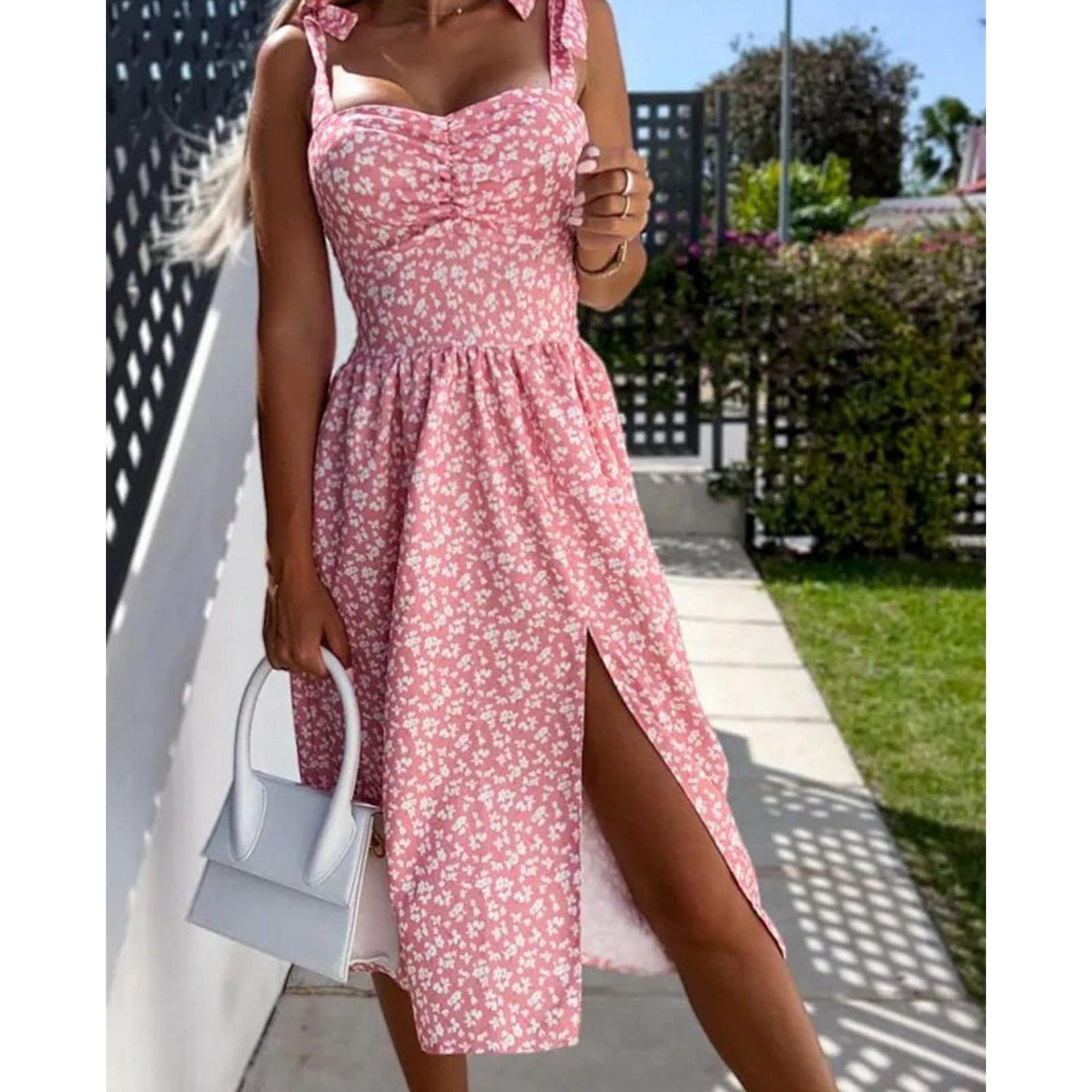 MOGSA Abiti estivi Spaghetti Strap Dress Donna Stampa Floreale Senza Maniche Sling Dress Slash Neck Spacco Beach Party Dress Sundress-Blue Flower,S