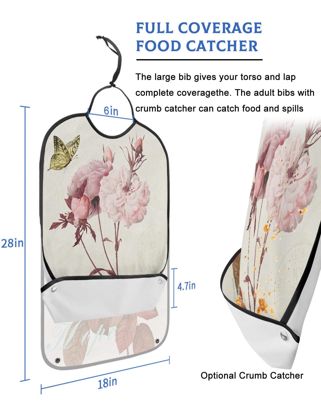 Kewadony Adult Bibs for Elderly Women - Pink Floral Spring Waterproof Dining Clothing Protectors with Crumb Catcher for Eating/Feeding, Vintage Flowers Butterfly Hope Terry Cloth Bib Machine Washable
