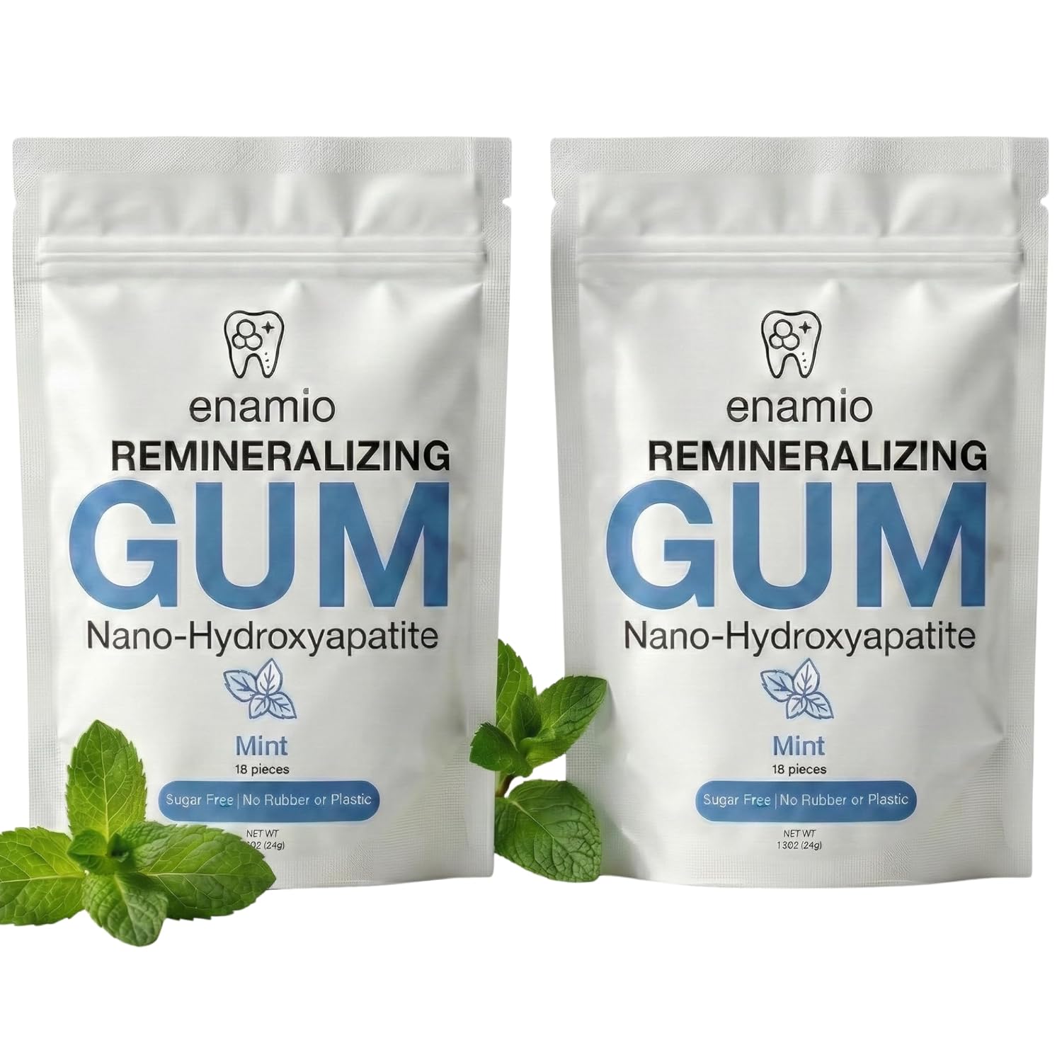 Enamio Mint Remineralizing Gum with Nano Hydroxyapatite for Enamel Support & Sensitive Teeth - Xylitol Gum, Plastic Free, Sugar Free, Natural Oral Care - No Aspartame- Made in USA - 2 Pack