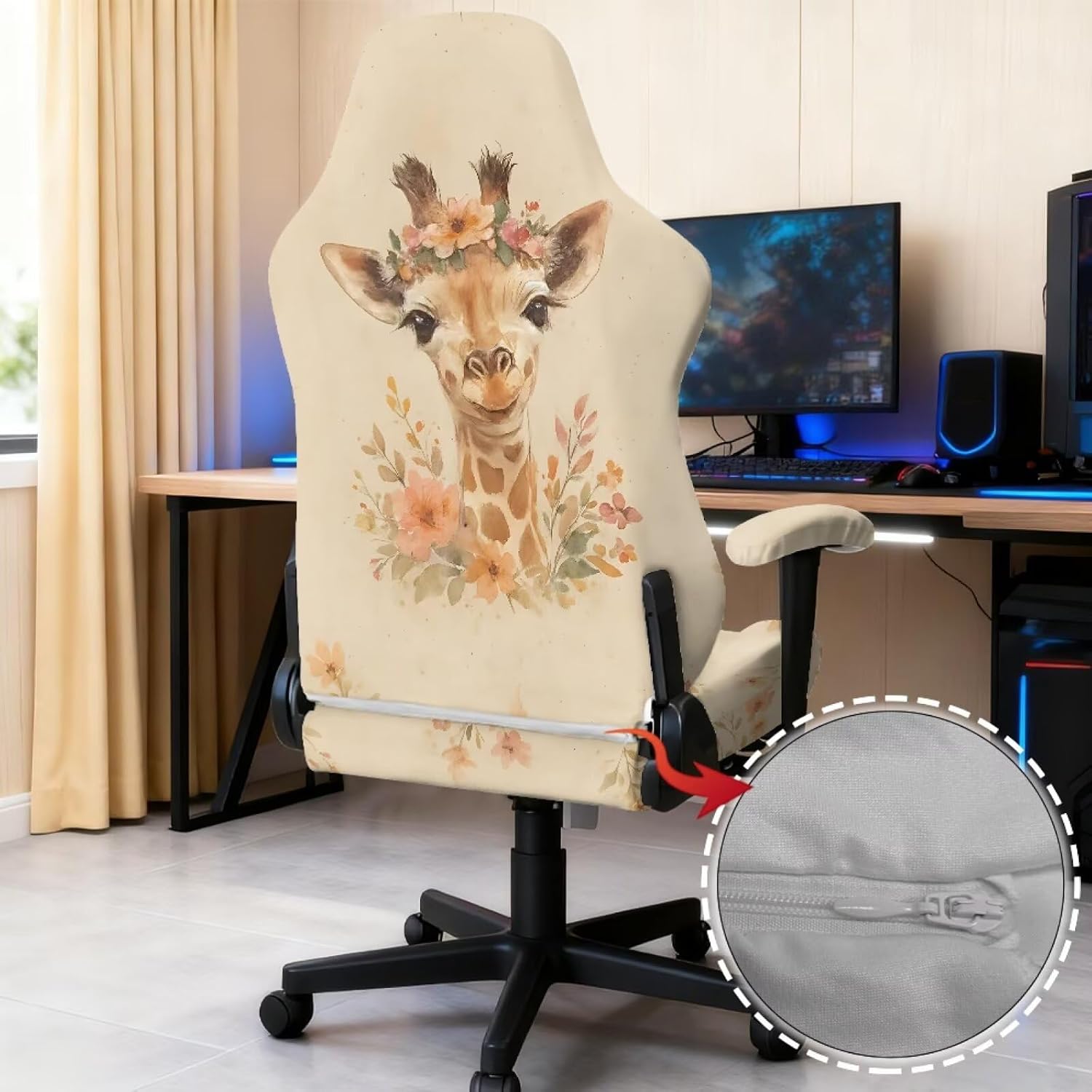Giraffe Flower Print Gaming Chair Cover with Armrest Covers, Stretchable Rotating Chair Slipcover with Elastic Band Dustproof High Back Computer Seat Protector, Easy to Clean