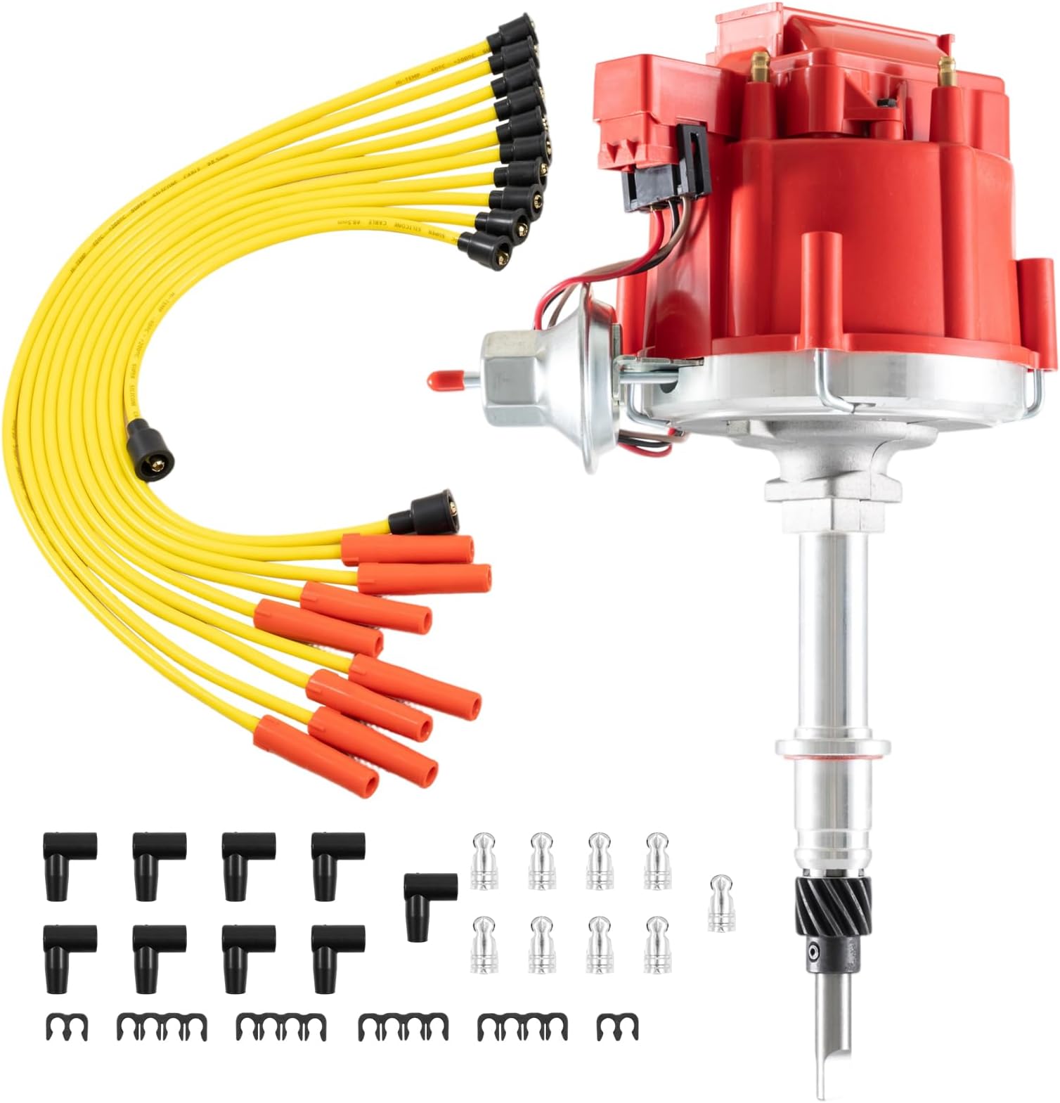 Racing Hei Complete Distributor + Spark Plug Wires Compatible for AMC Incline 6 Jeep Straight 232, 242, 258 w/ 65K Coil 6 Cylinder Red Cap Replacement