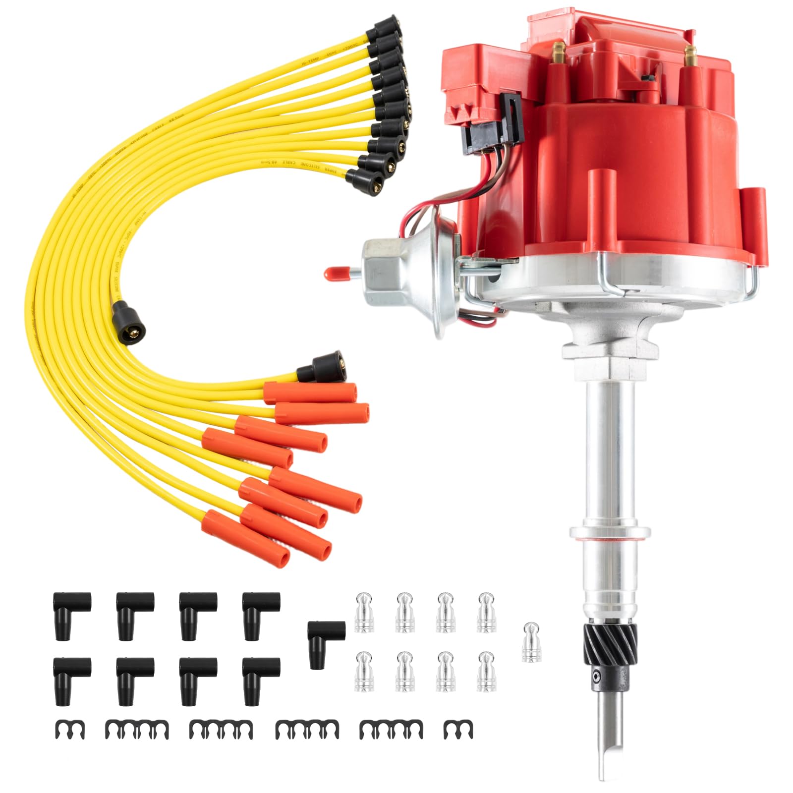Racing Hei Complete Distributor + Spark Plug Wires Compatible for AMC Incline 6 Jeep Straight 232, 242, 258 w/ 65K Coil 6 Cylinder Red Cap Replacement